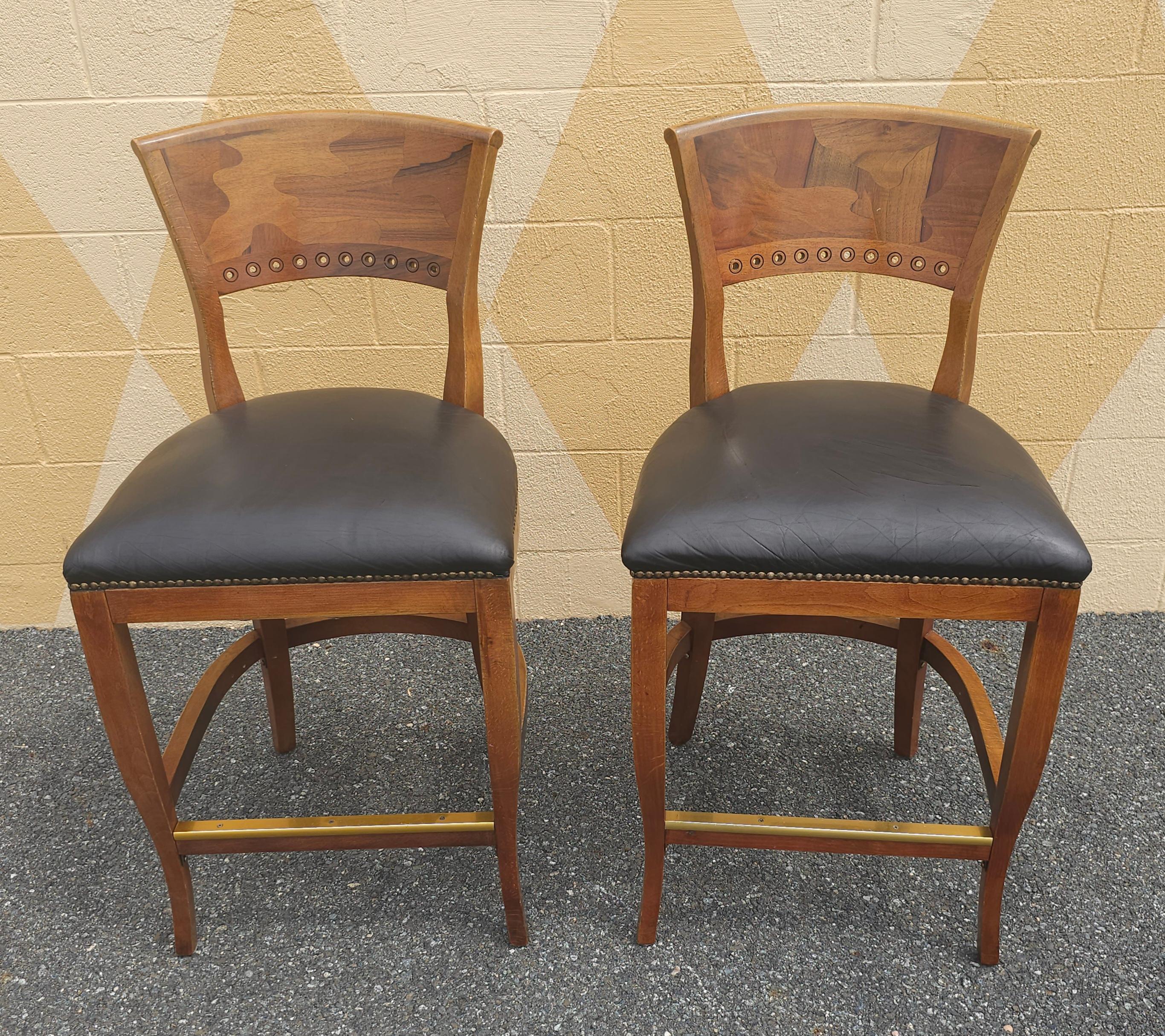 Modern Italian Mixed Fruitwoods Top Grain Leather Upholstery w/ Brass NailHeads Stools For Sale
