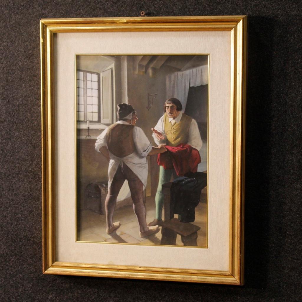 20th Century Mixed-Media Italian Painting Interior Scene with Characters, 1970 For Sale 5