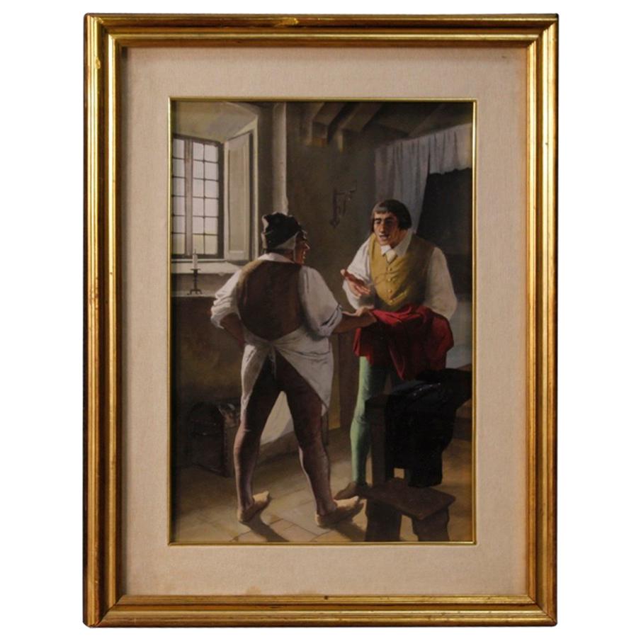 Framework mixed-media on cardboard. Italian painting from 20th century depicting an interior scene with characters, of good pictorial quality. Golden wooden frame with passepartout in fabric that shows different signs of wear. Complete with integral