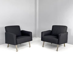 Italian moder squared black fabric armchairs with metal feet, 1970s