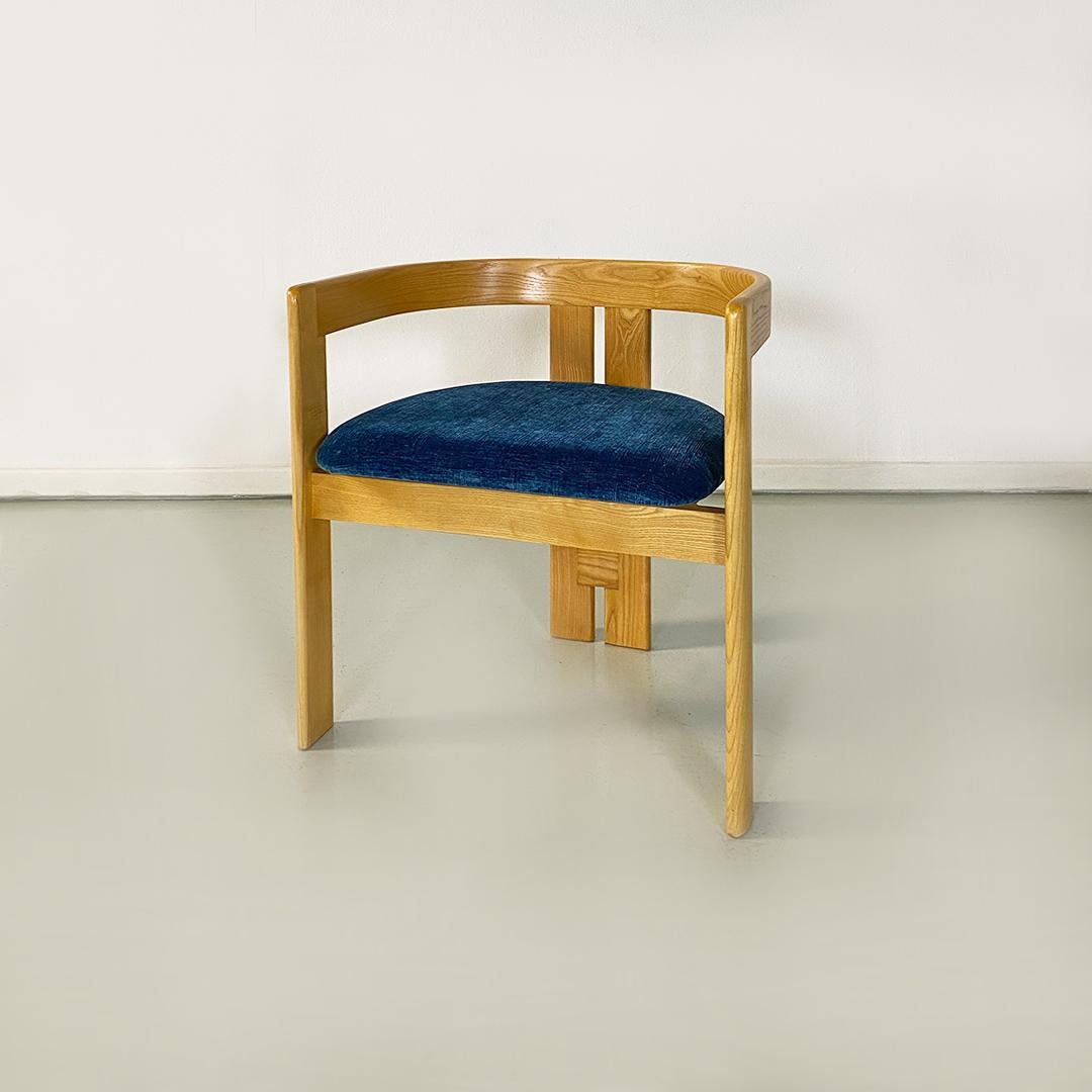 Italian Modern 12 Light Solid Wood and Dark Blue Original Velvet Tub Chairs 1980 In Good Condition For Sale In MIlano, IT