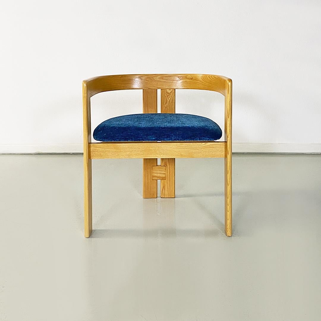 Late 20th Century Italian Modern 12 Light Solid Wood and Dark Blue Original Velvet Tub Chairs 1980 For Sale