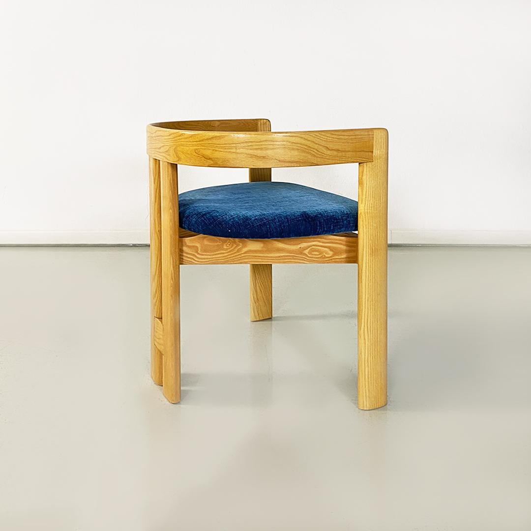 Italian Modern 12 Light Solid Wood and Dark Blue Original Velvet Tub Chairs 1980 For Sale 1