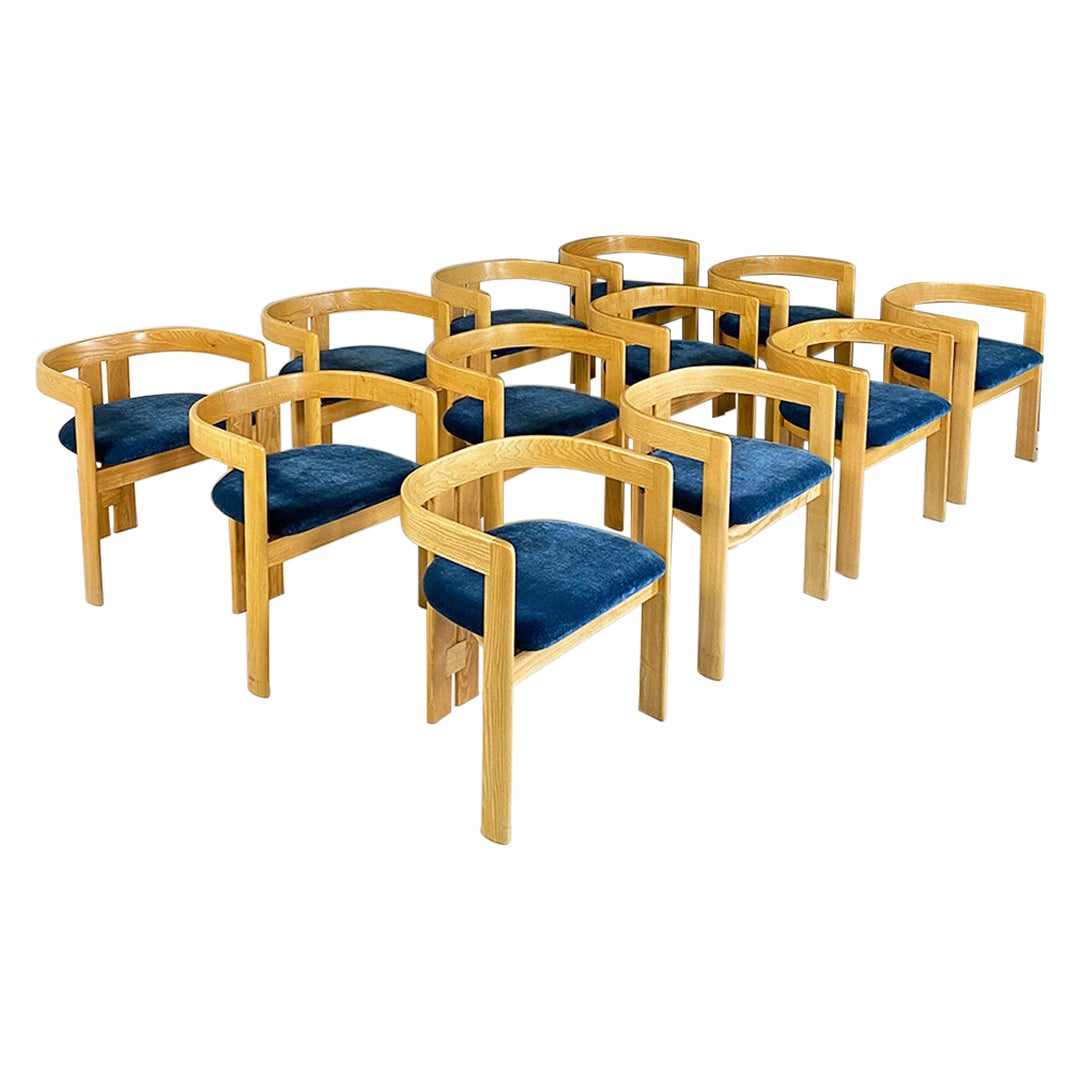 Italienische moderne 12 moderne italienische Wannenstühle aus massivem Holz und dunkelblauem Original-Samt 1980 im Angebot