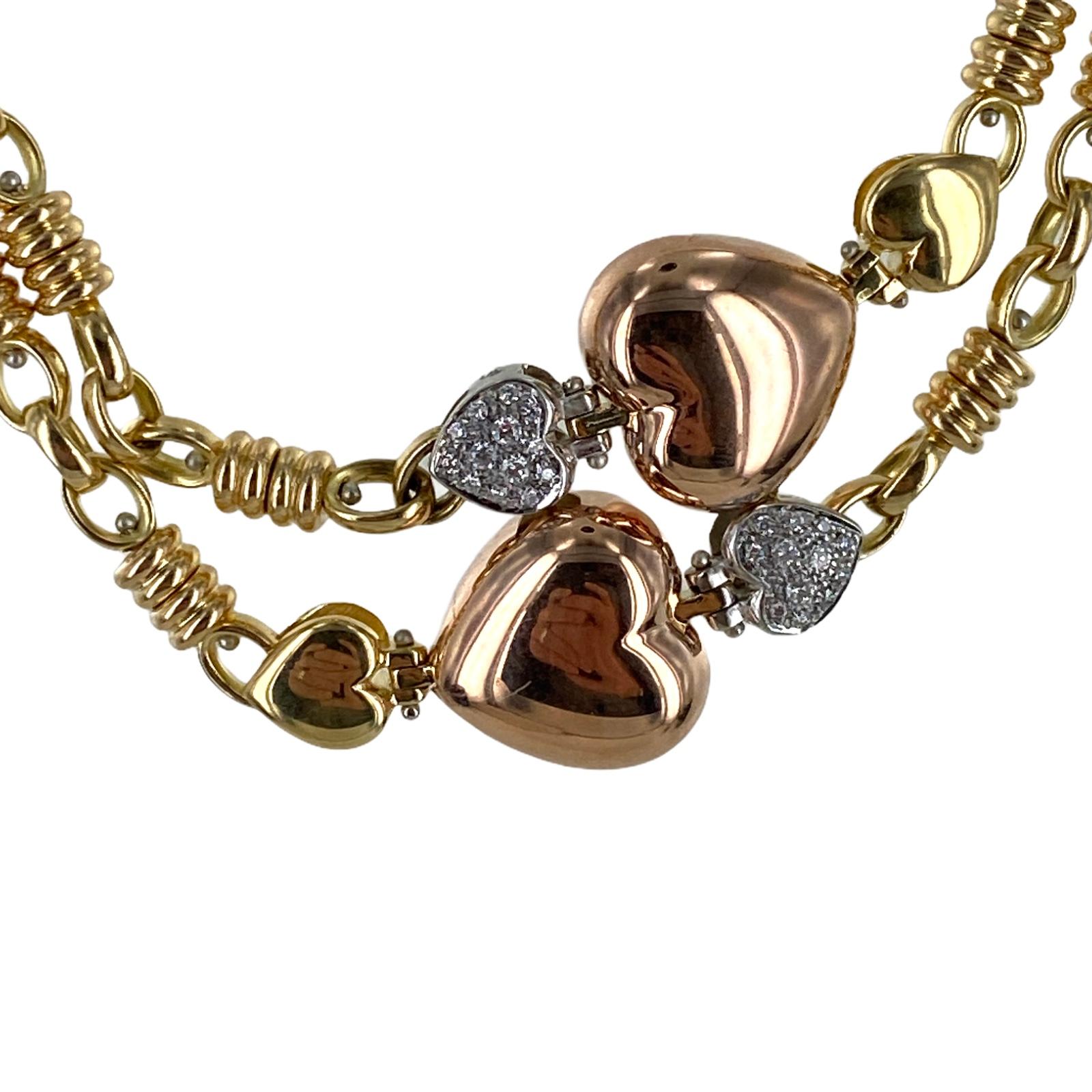 Italian Modern 18 Karat Yellow White Rose Gold Diamond Heart Link Necklace In Excellent Condition In Boca Raton, FL