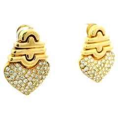Italian Modern 18K Gold 3 Carat Diamond Pavé Heart Statement Earrings
