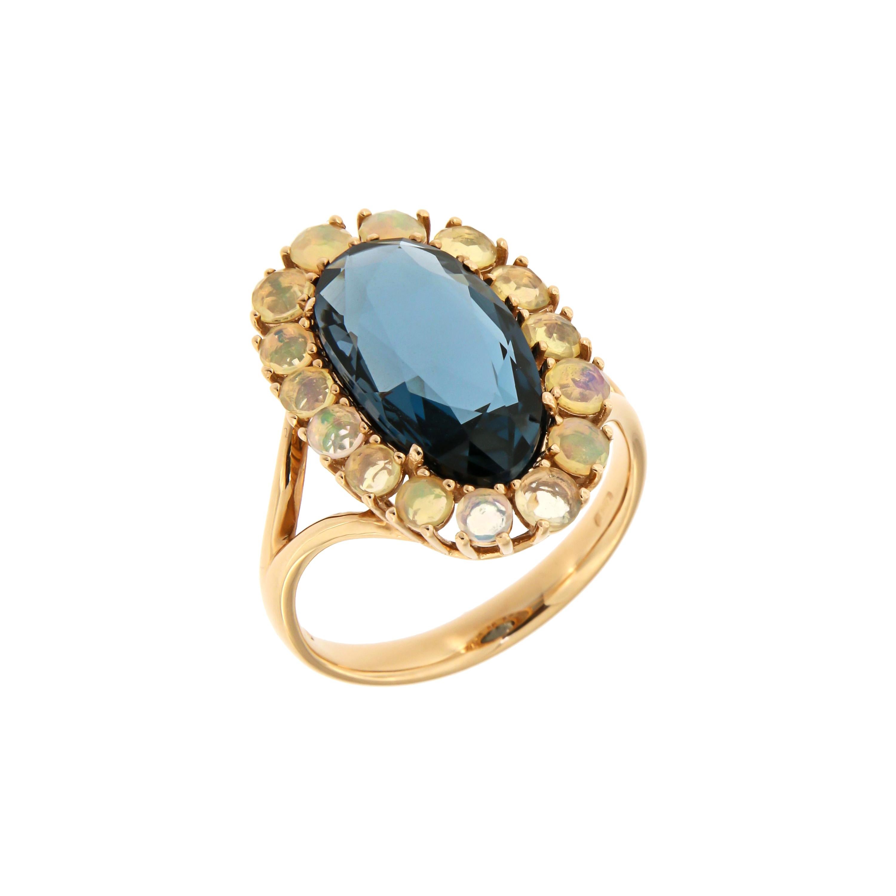 Italian Modern 18k Opal London Blue Topaz Rose Gold Ring for Her For Sale