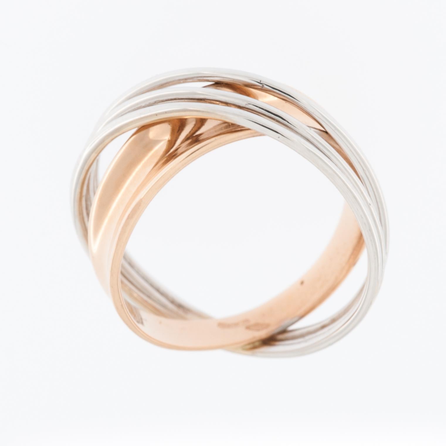 The Italian Modern 18kt White and Rose Gold Ring is a stunning piece of jewelry that combines contemporary design with the timeless elegance of gold. 
The ring is crafted from high-quality 18-karat white and rose gold. This blend of gold alloys