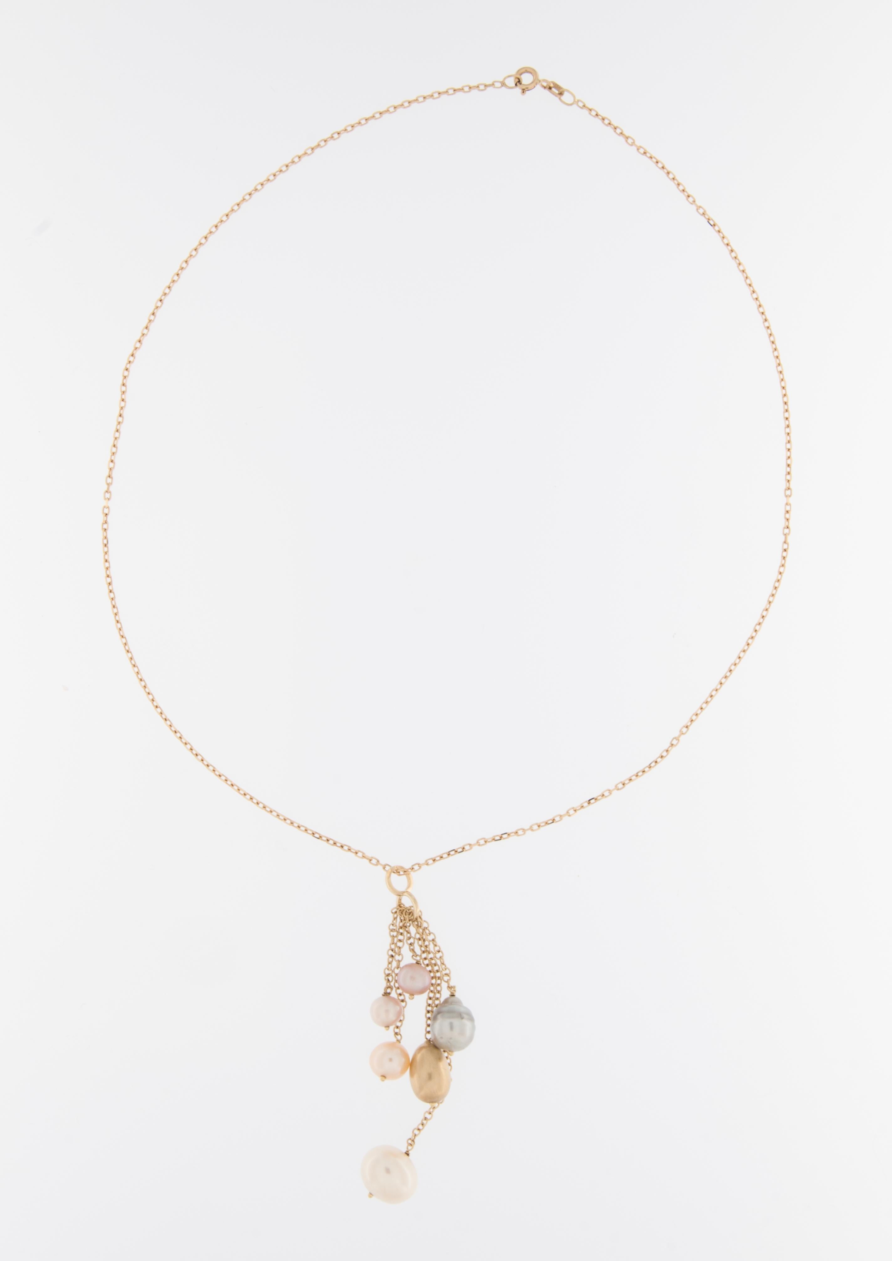 The Italian Modern 18kt Yellow Gold Necklace with Pearls is a stunning piece of jewelry that combines classic elegance with contemporary design. 

This necklace is crafted from high-quality 18-karat yellow gold, known for its durability and