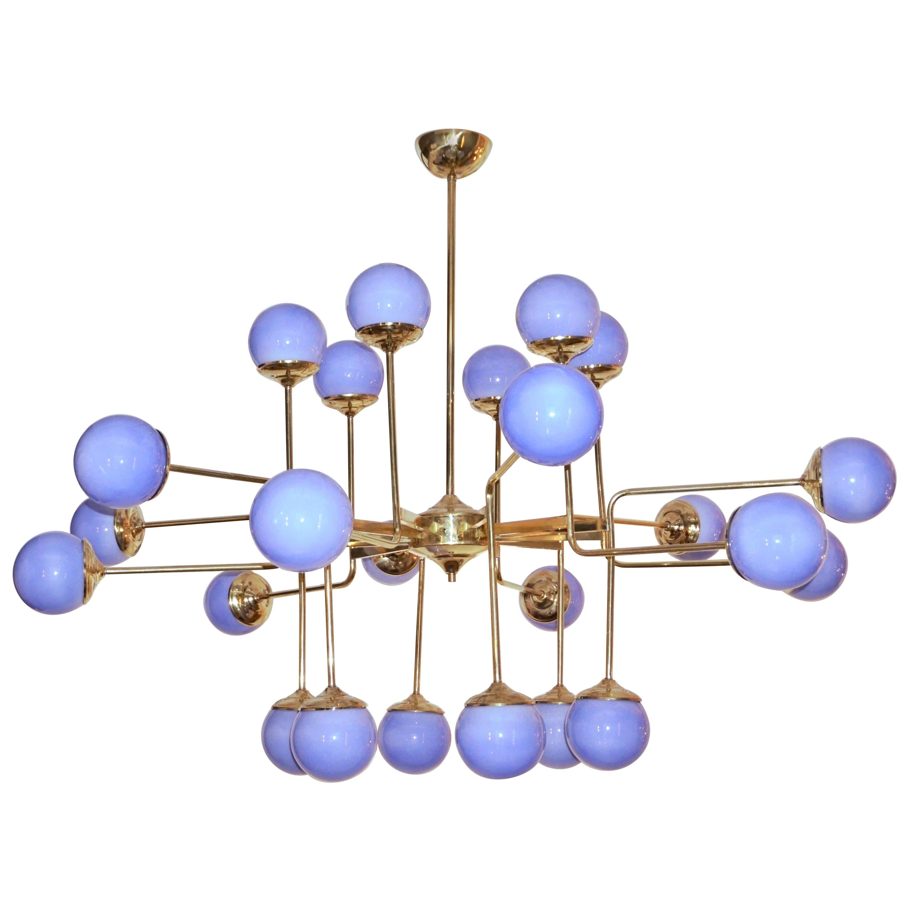 Italian Modern 24-Light Brass and Lavender Periwinkle Murano Glass Chandelier