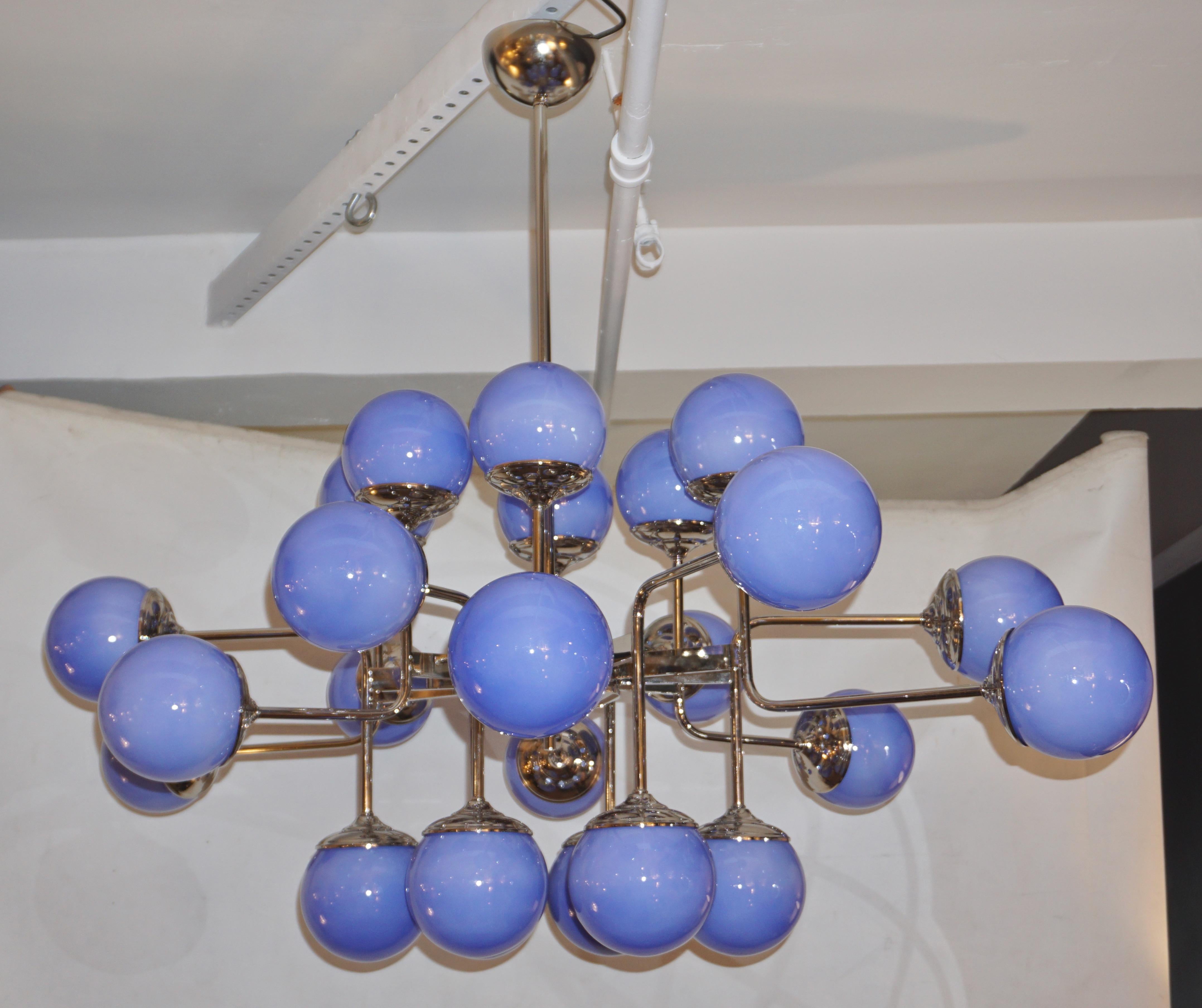 Italian 24-Light Lavender Periwinkle Murano Glass Modern Nickel Chandelier For Sale 9