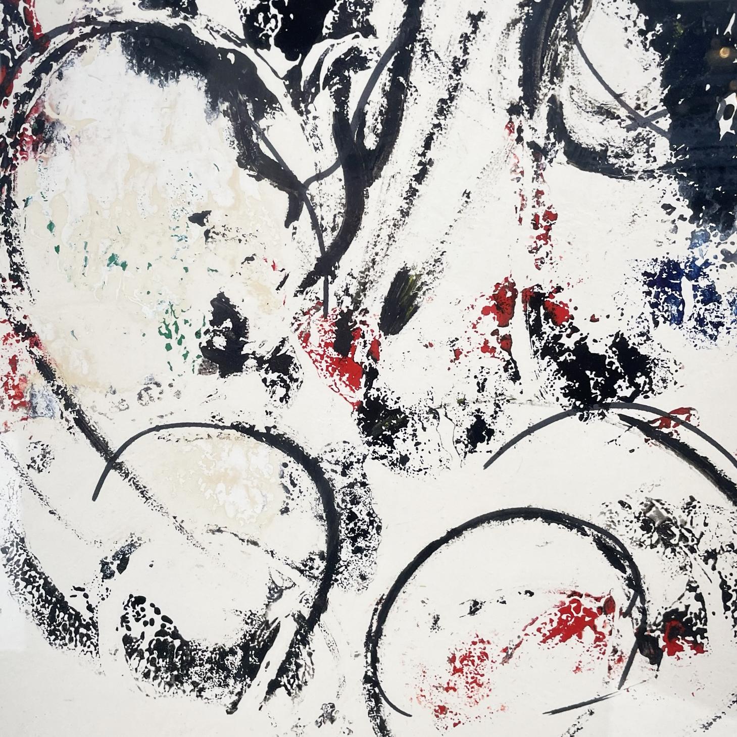 Pittura astratta moderna italiana a tecnica mista su carta e cornice in metallo, 1972
Pittura a tecnica mista su carta in stile astratto. La pittura gestuale è caratterizzata da linee arrotondate e dai colori nero, rosso, giallo e bianco. In carta