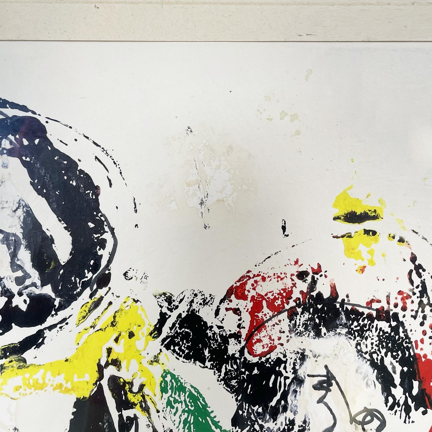 Peinture abstraite moderne italienne sur papier et cadre métallique, 1972
Peinture de style abstrait sur papier. La peinture gestuelle est caractérisée par des lignes arrondies et les couleurs noir, rouge, jaune et blanc. En passe-partout de papier