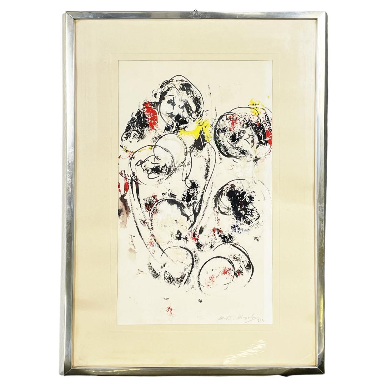 Italian Modern Abstract Mixed Media Painting on Paper and Metal Frame, 1972