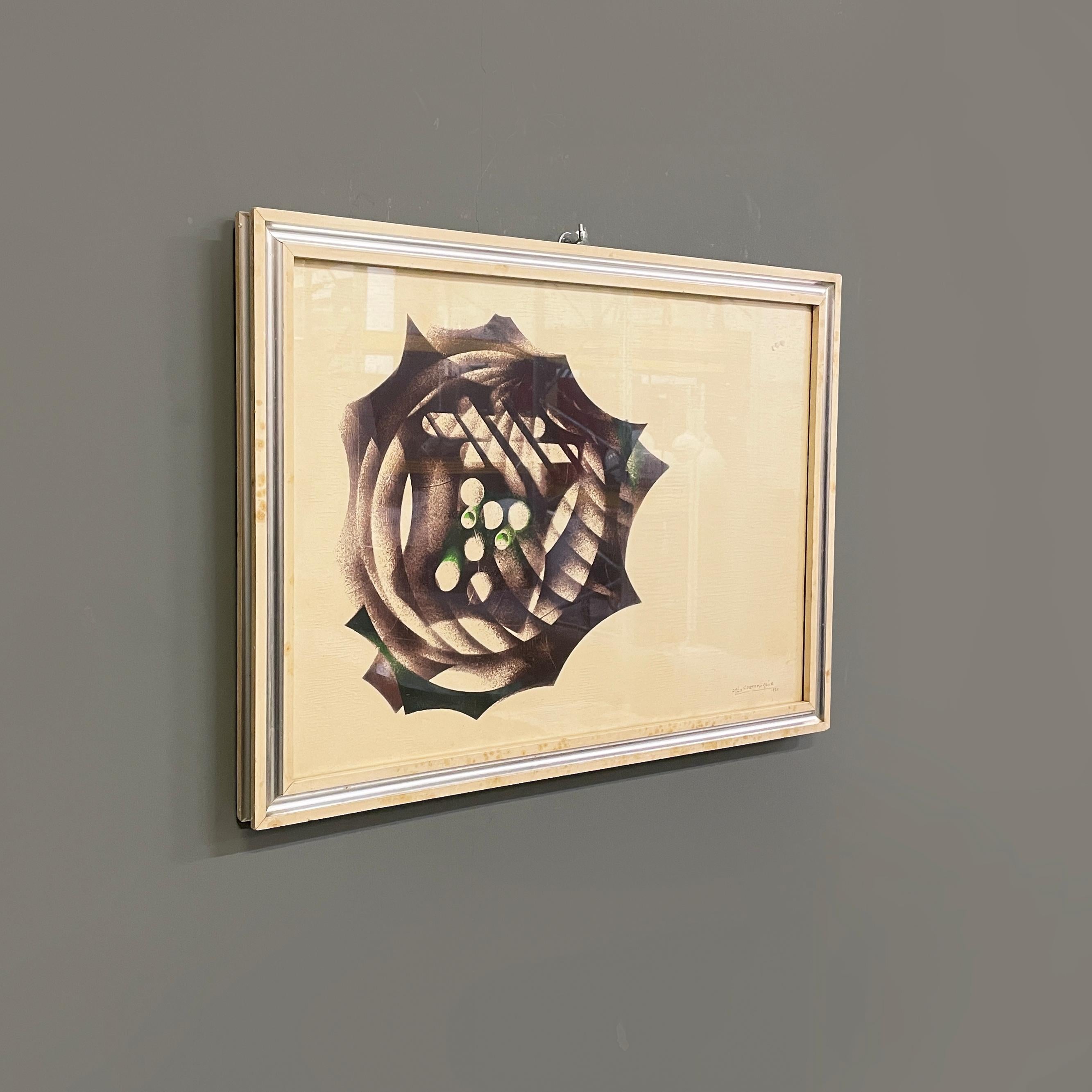 Italian modern Abstract print with acrylic relief texture by Clelia Cortemiglia, 1972
Print on cream yellow paper with white acrylic relief texture. The subject is abstract in black and green with references to the spatial and nuclear artistic