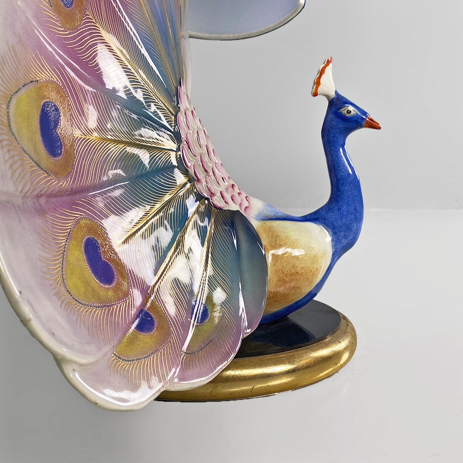 Italian modern adjustable table lamp with ceramic peacock and brass, 1970s 6