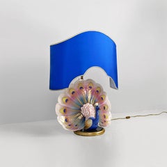 Italian modern adjustable table lamp with ceramic peacock and brass, 1970s
