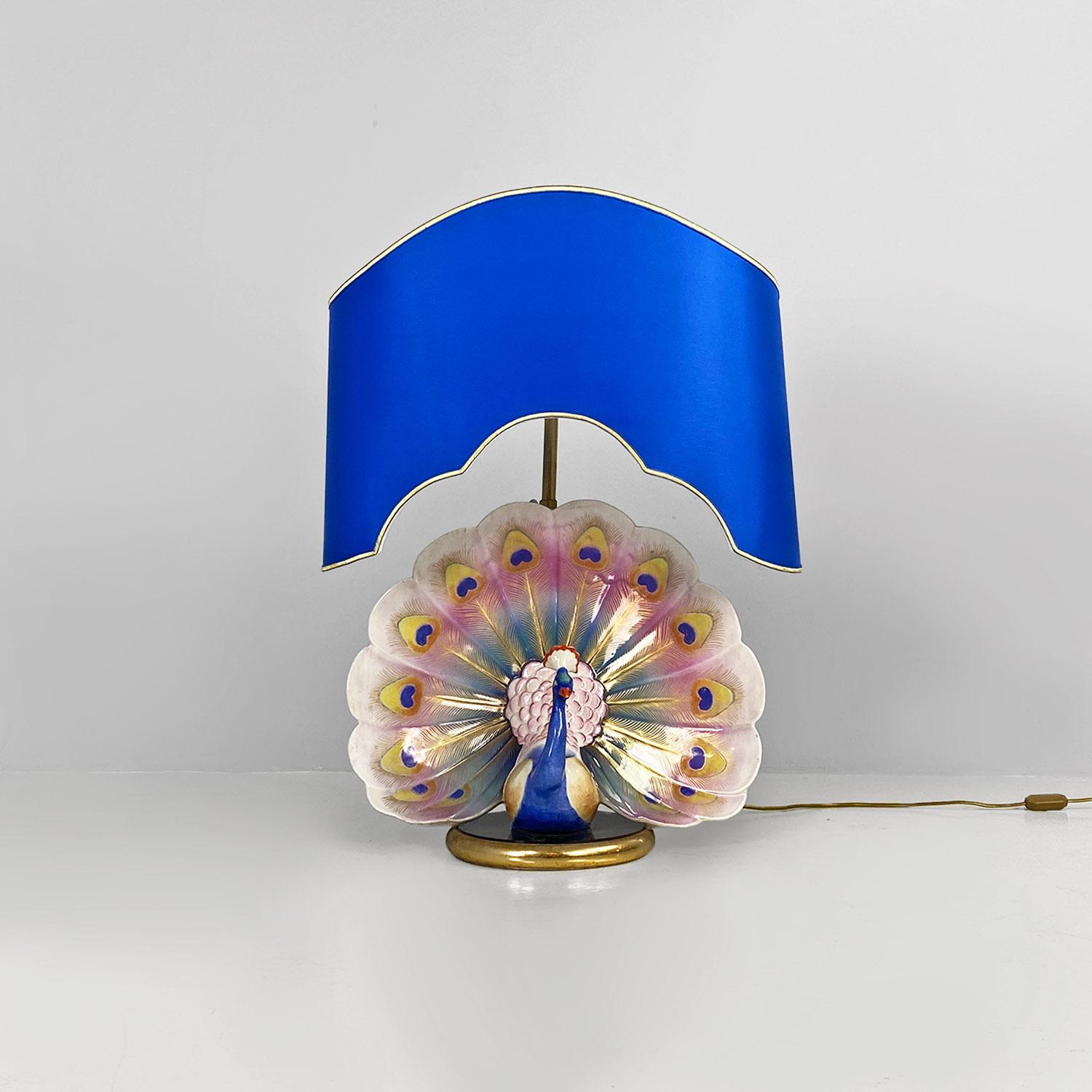 Modern Italian modern adjustable table lamp with ceramic peacock and brass, 1970s