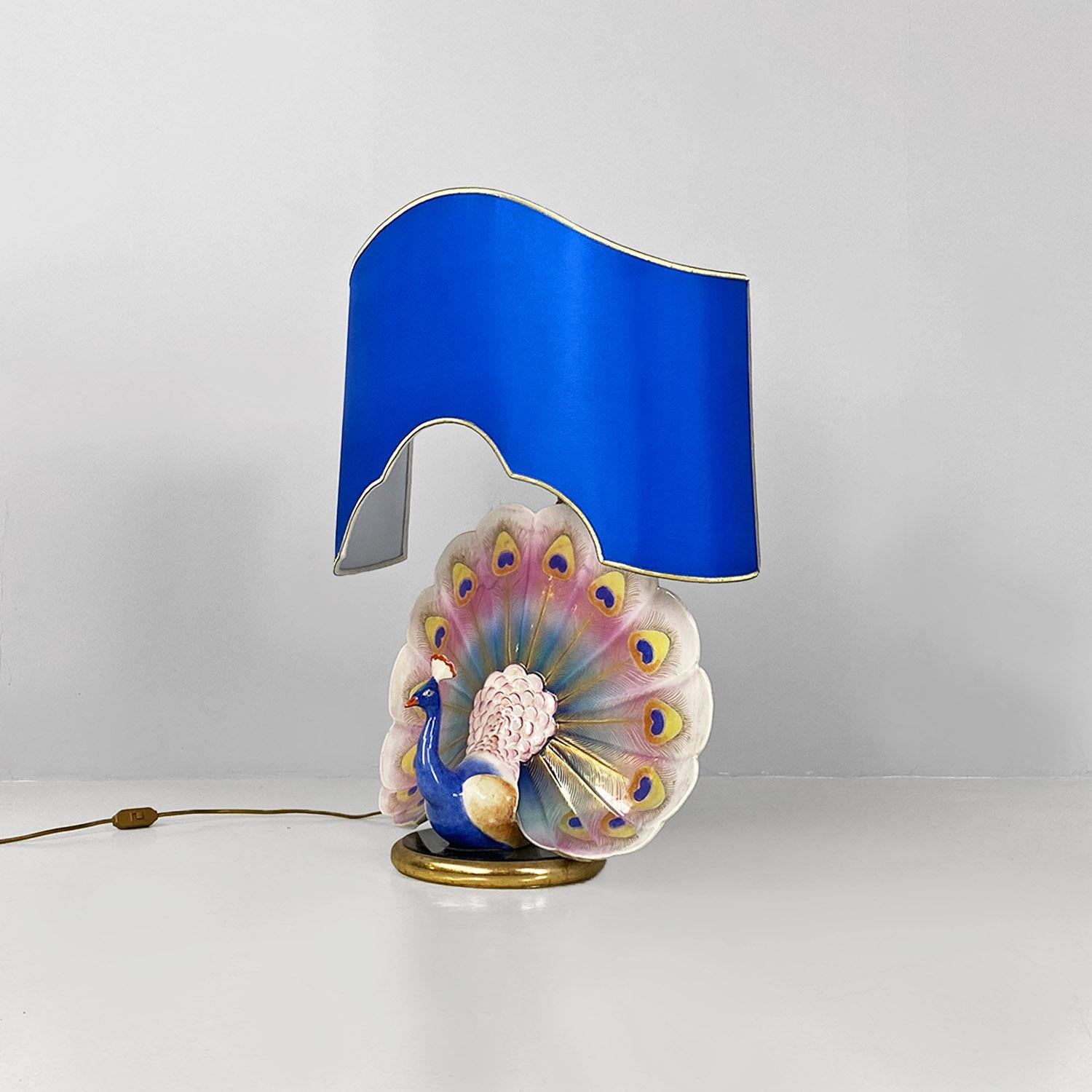Late 20th Century Italian modern adjustable table lamp with ceramic peacock and brass, 1970s