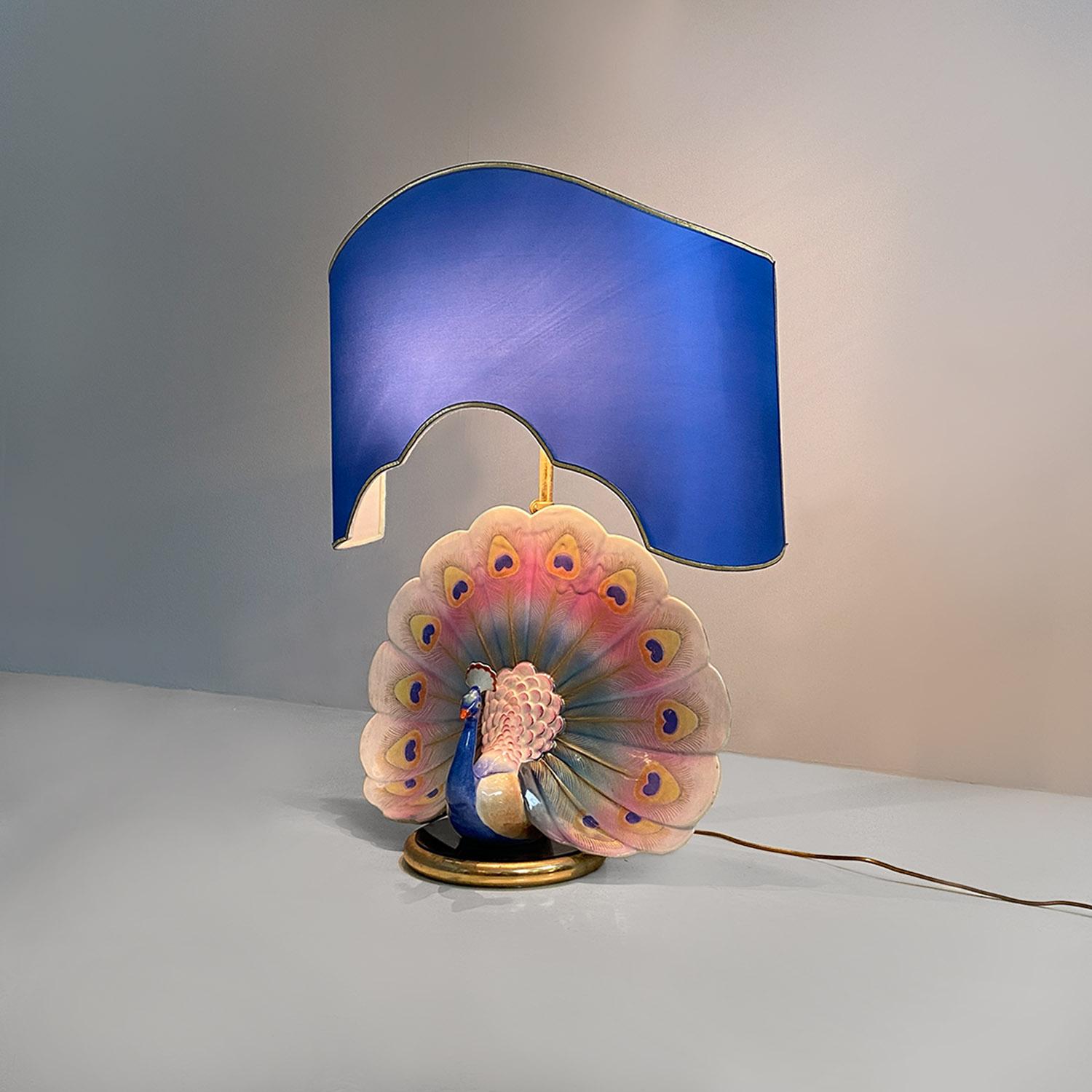 Metal Italian modern adjustable table lamp with ceramic peacock and brass, 1970s