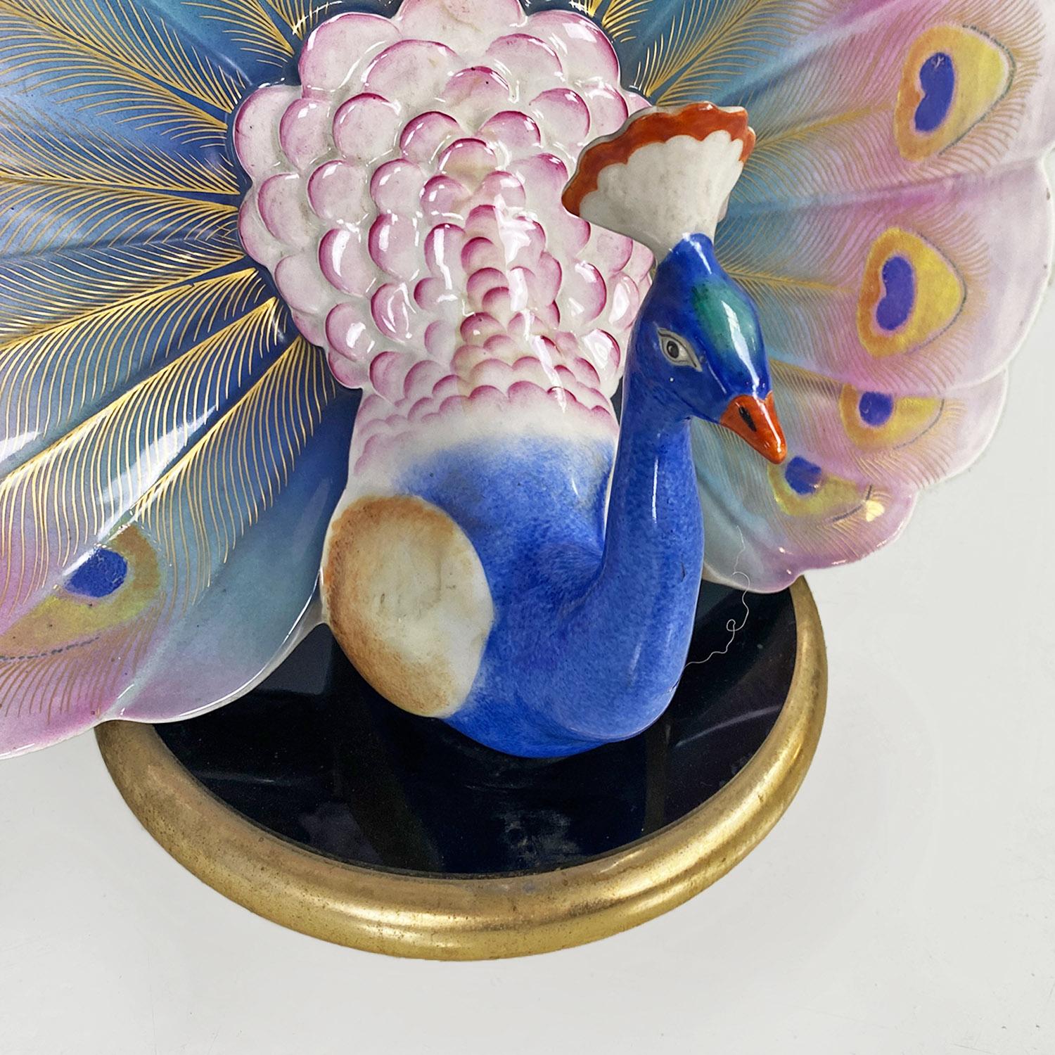Italian modern adjustable table lamp with ceramic peacock and brass, 1970s 1