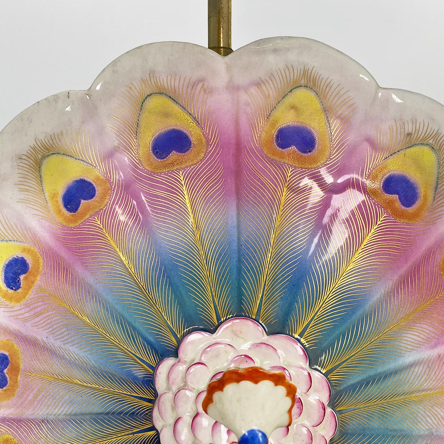 Italian modern adjustable table lamp with ceramic peacock and brass, 1970s 2