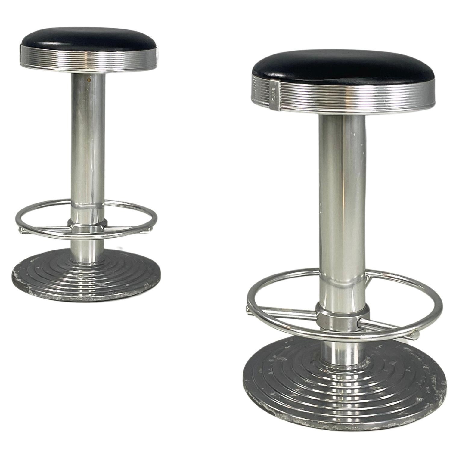 Italian Modern Aluminum and black leather bar stools Billy by Ycami, 1990s For Sale