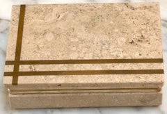 Italian Modern Architectural Brass Inlaid Travertine Box, Circa 1970s