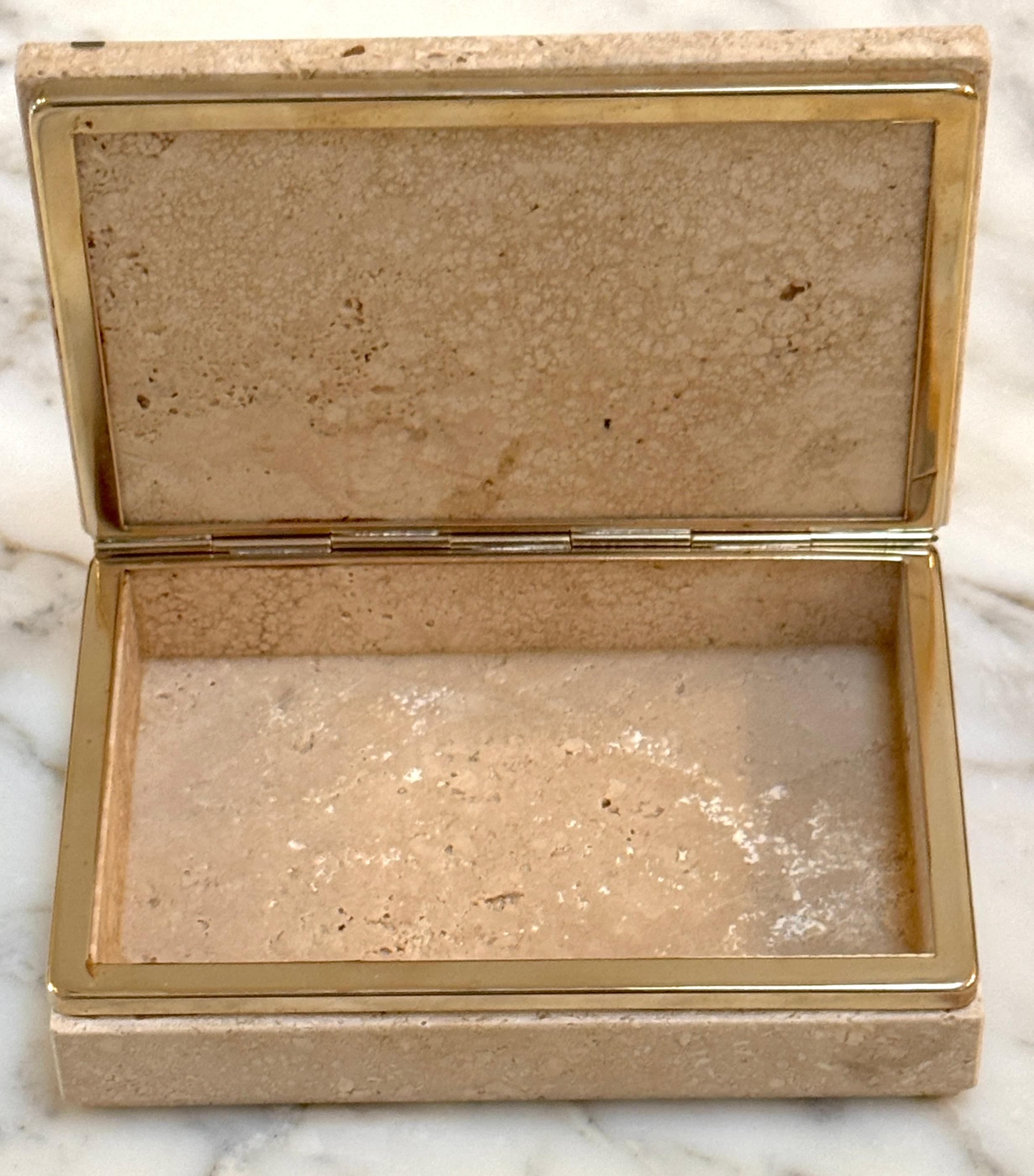 Mid-Century Modern Italian Modern Architectural Brass Inlaid Travertine Box, Circa 1970s For Sale
