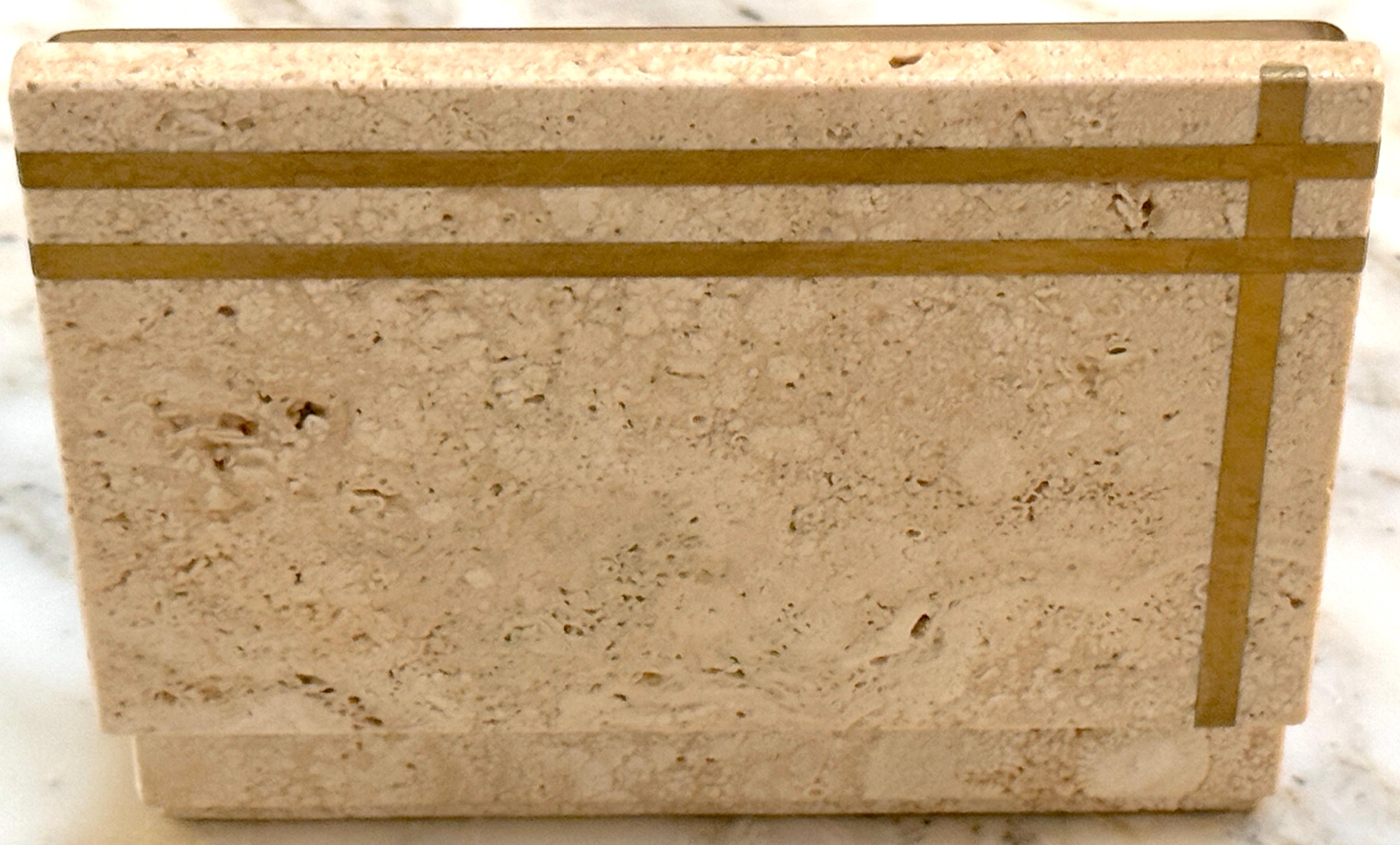 Italian Modern Architectural Brass Inlaid Travertine Box, Circa 1970s In Good Condition For Sale In West Palm Beach, FL
