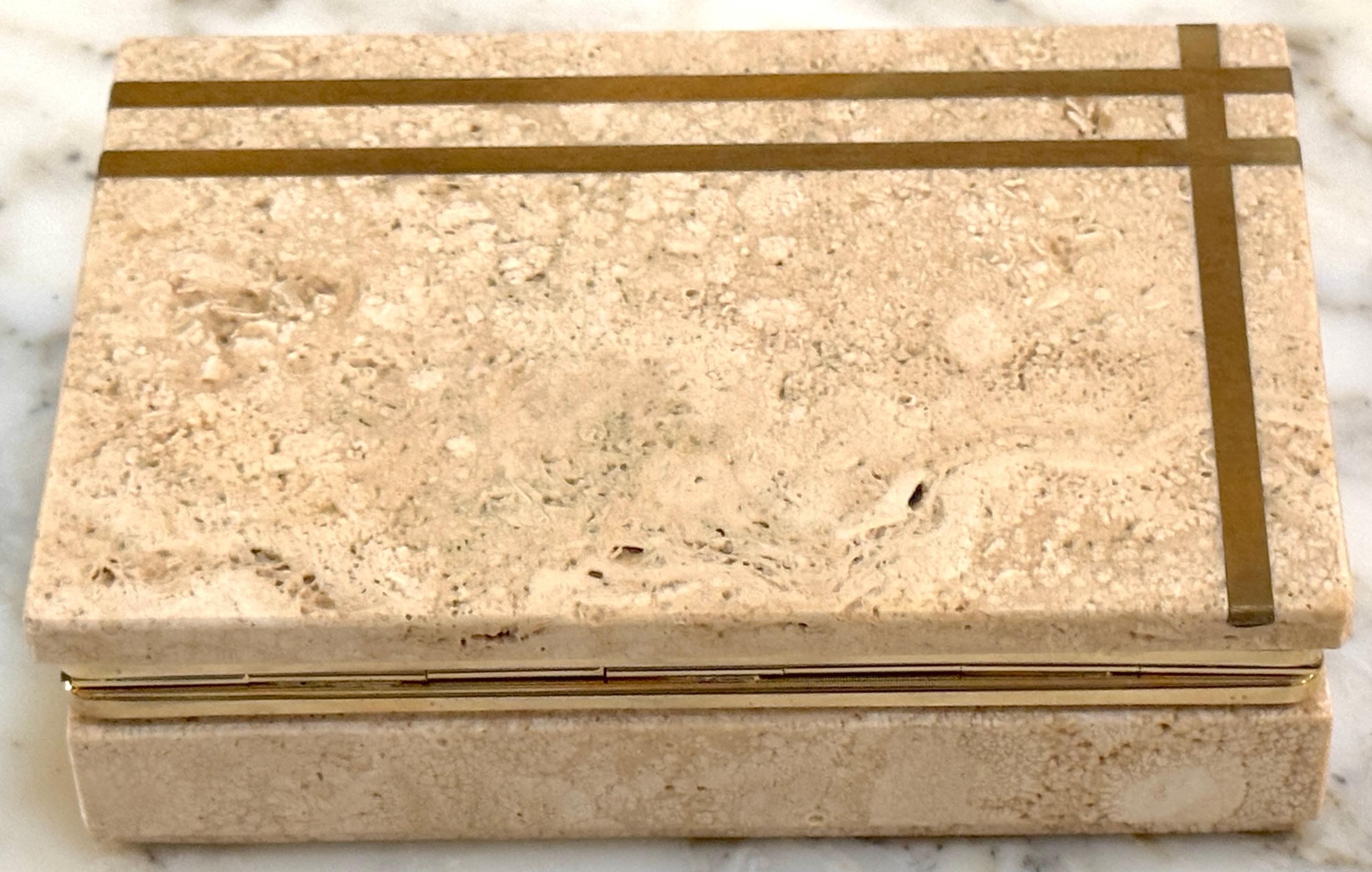 20th Century Italian Modern Architectural Brass Inlaid Travertine Box, Circa 1970s For Sale