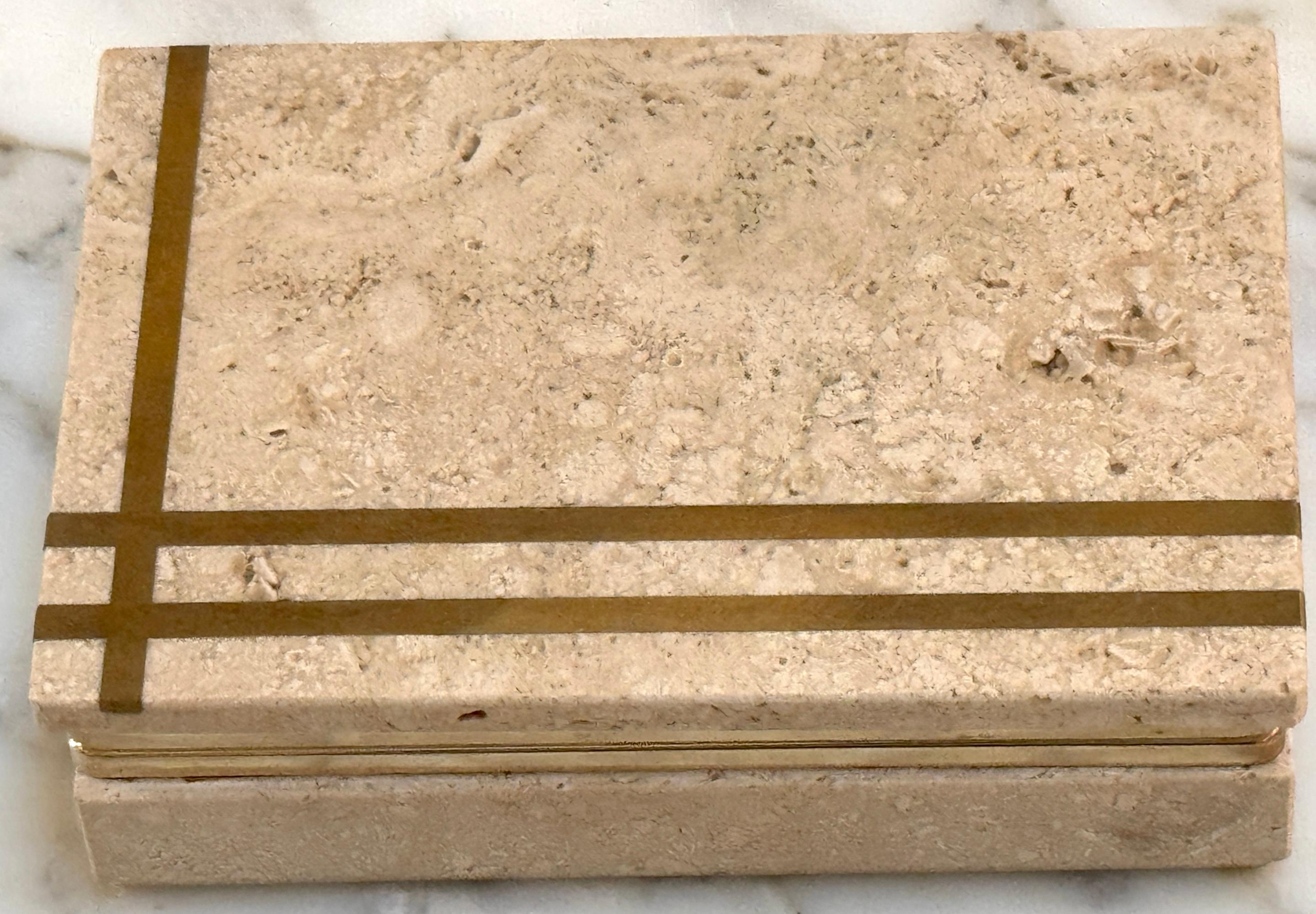 Italian Modern Architectural Brass Inlaid Travertine Box, Circa 1970s For Sale 2