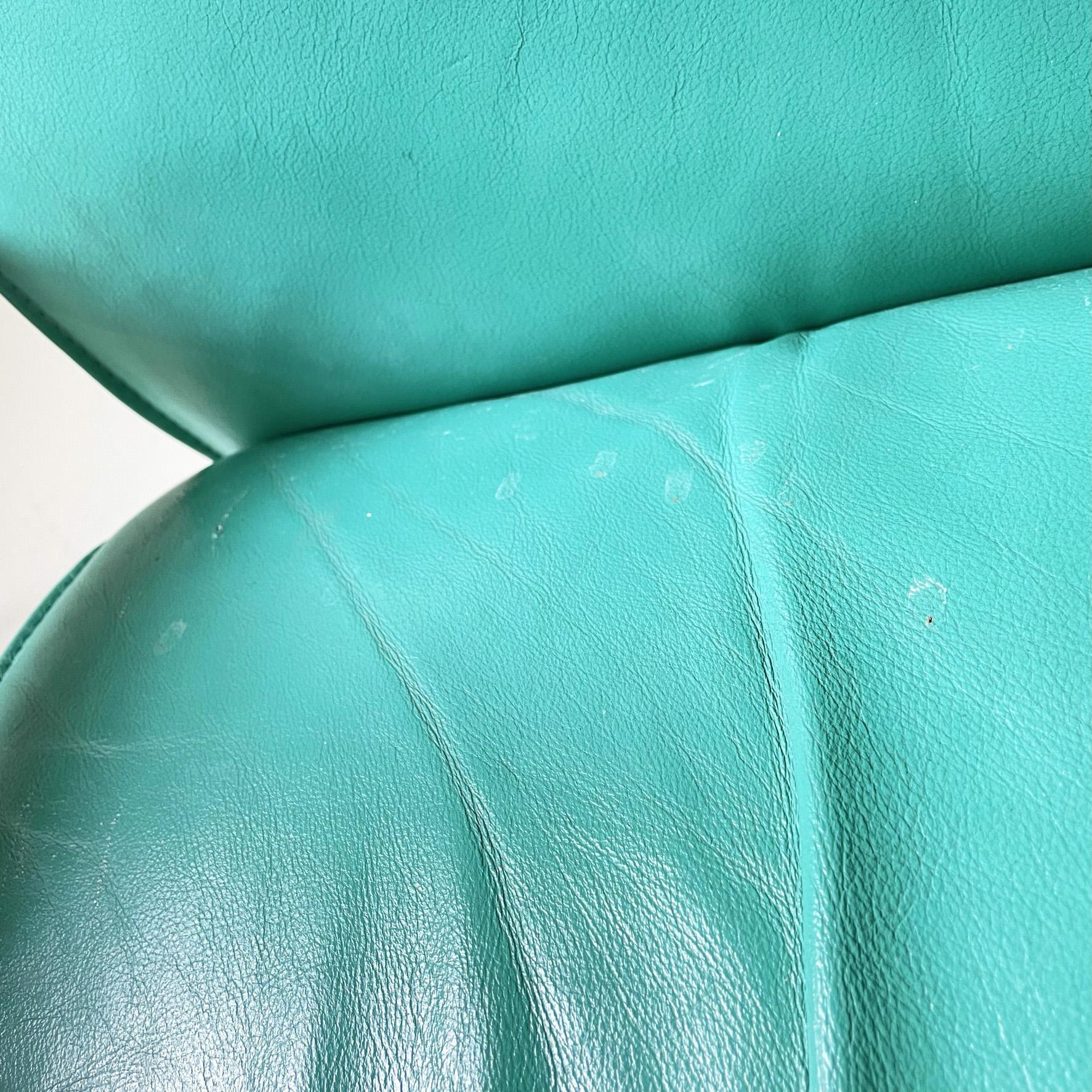 Italian Modern Armchair in Aqua-Green Leather, Wood and Metal, 1980s For Sale 6