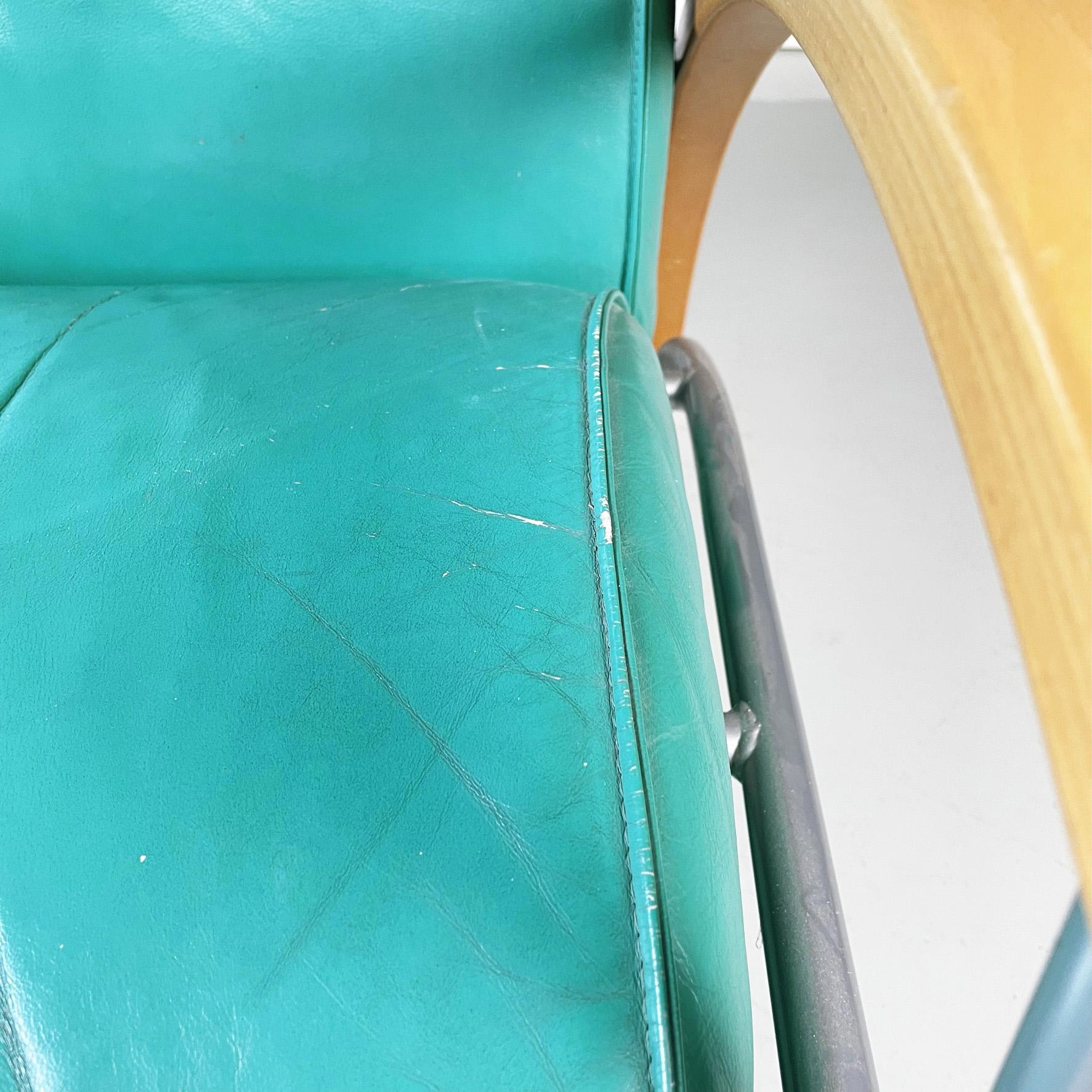 Italian Modern Armchair in Aqua-Green Leather, Wood and Metal, 1980s For Sale 7