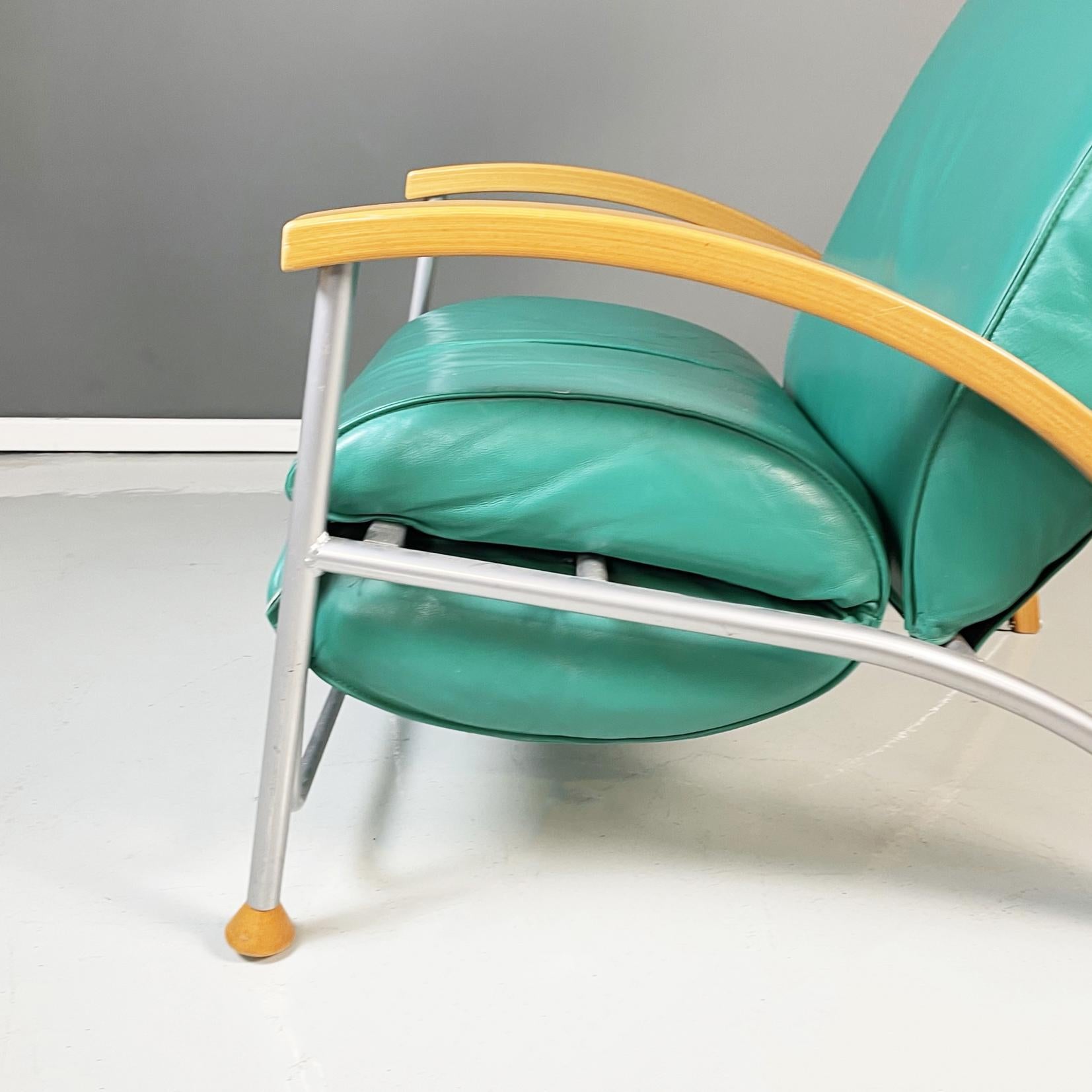 Italian Modern Armchair in Aqua-Green Leather, Wood and Metal, 1980s For Sale 8