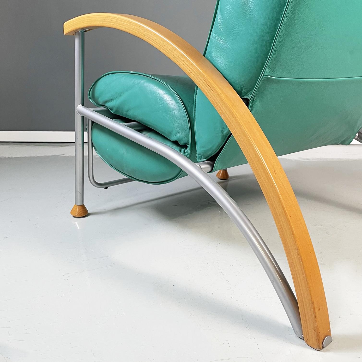 Italian Modern Armchair in Aqua-Green Leather, Wood and Metal, 1980s For Sale 9