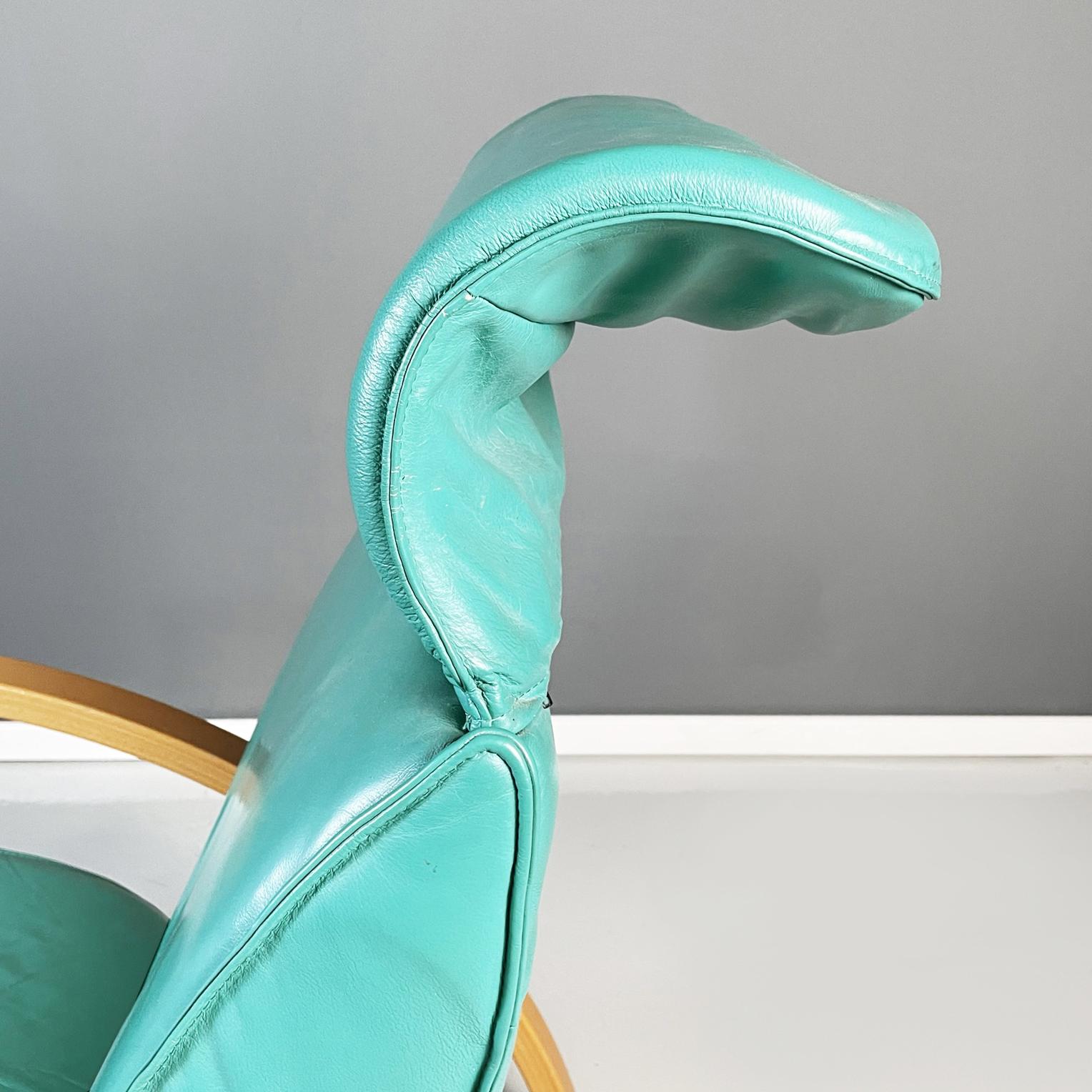 Italian Modern Armchair in Aqua-Green Leather, Wood and Metal, 1980s For Sale 11