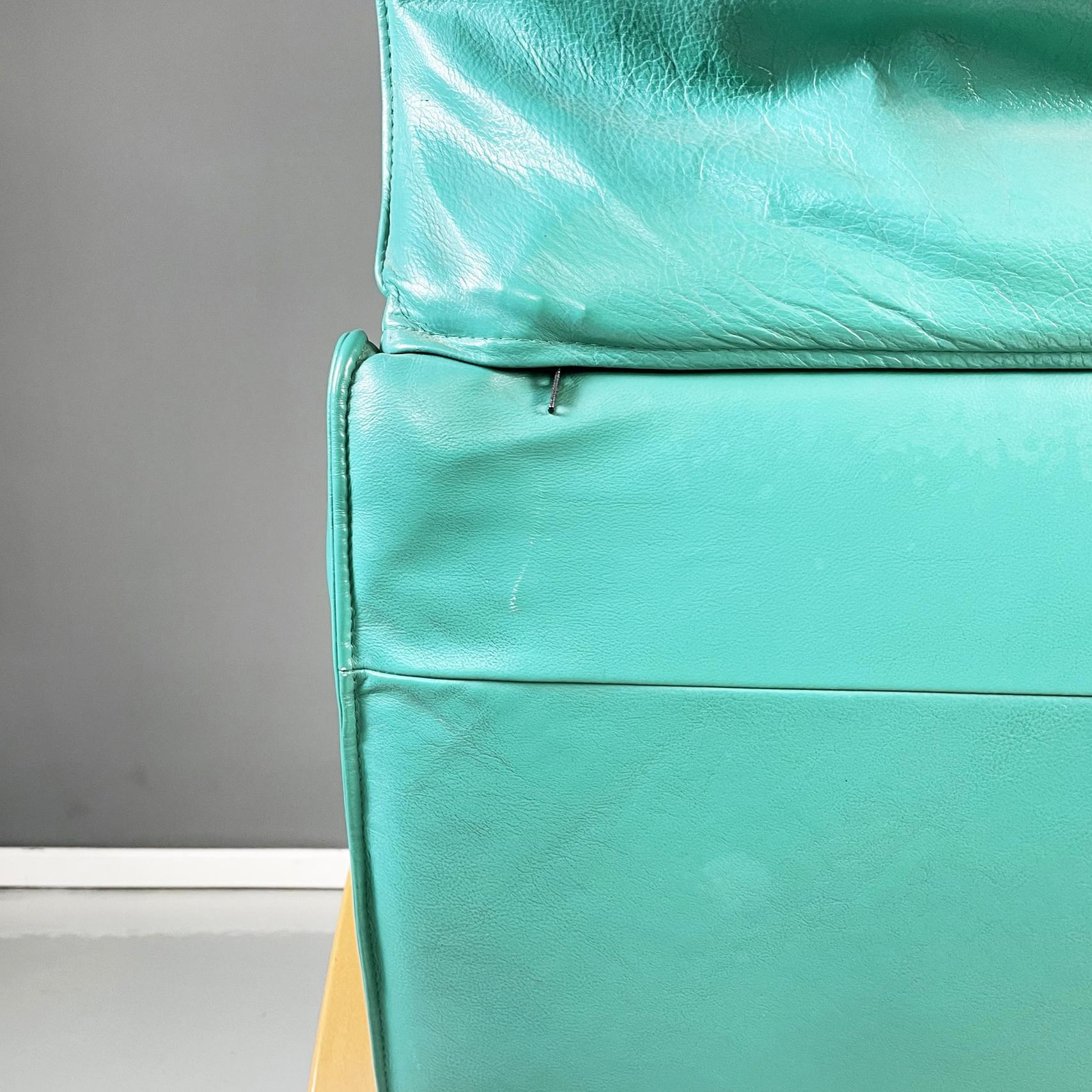 Italian Modern Armchair in Aqua-Green Leather, Wood and Metal, 1980s For Sale 12