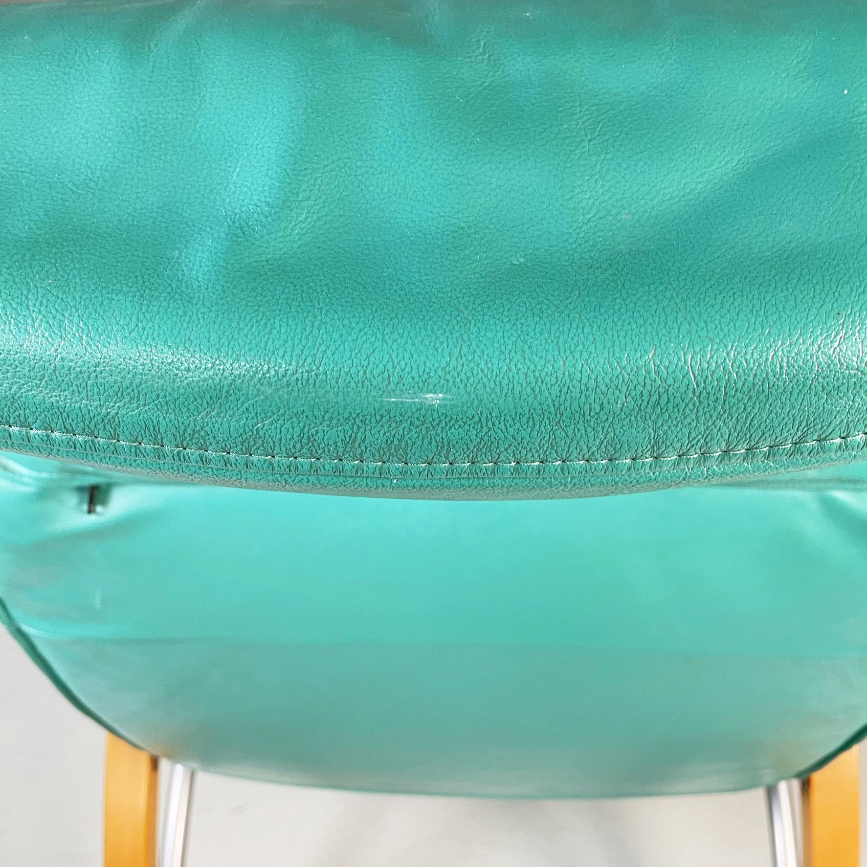Italian Modern Armchair in Aqua-Green Leather, Wood and Metal, 1980s For Sale 13