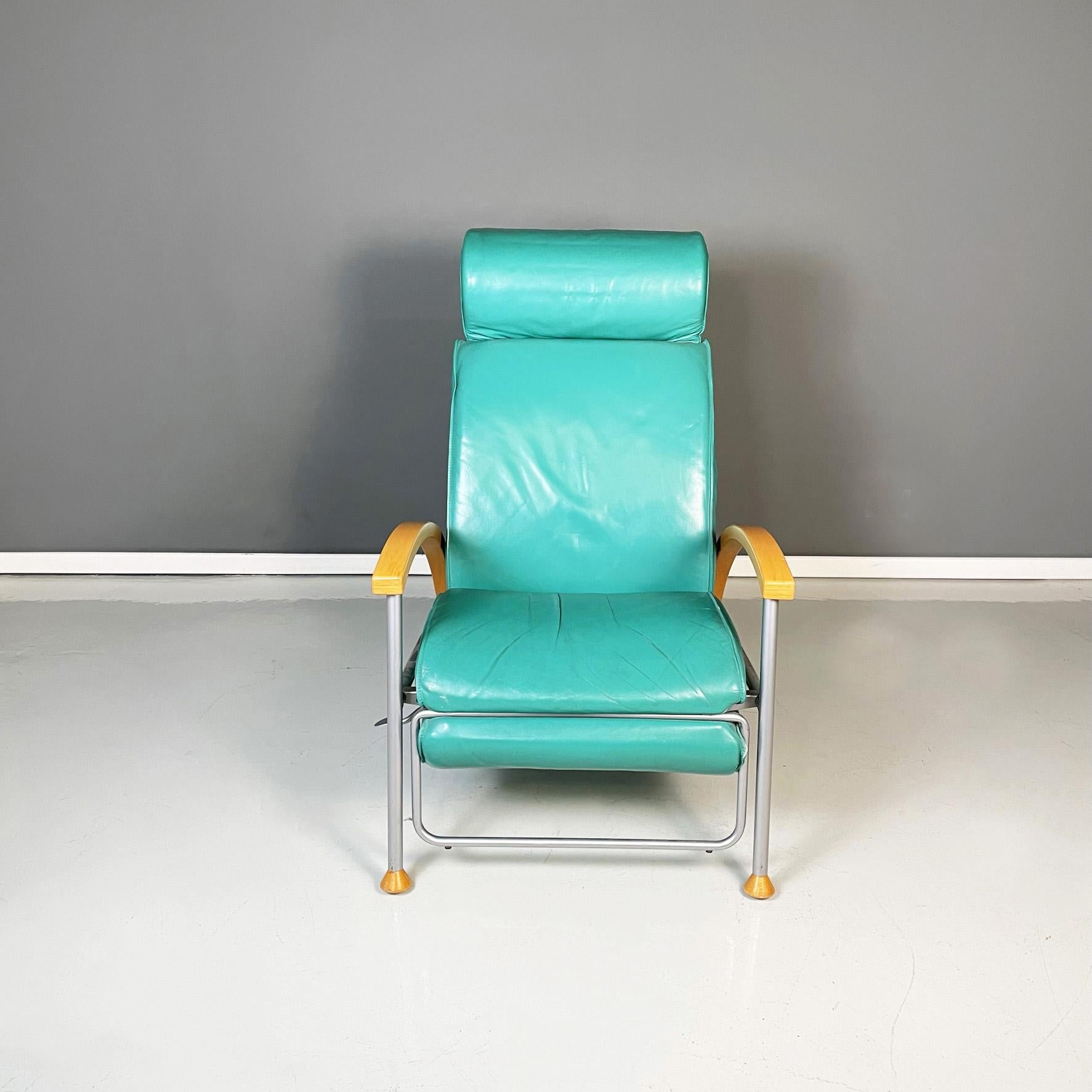 Italian Modern Armchair in Aqua-Green Leather, Wood and Metal, 1980s In Good Condition For Sale In MIlano, IT