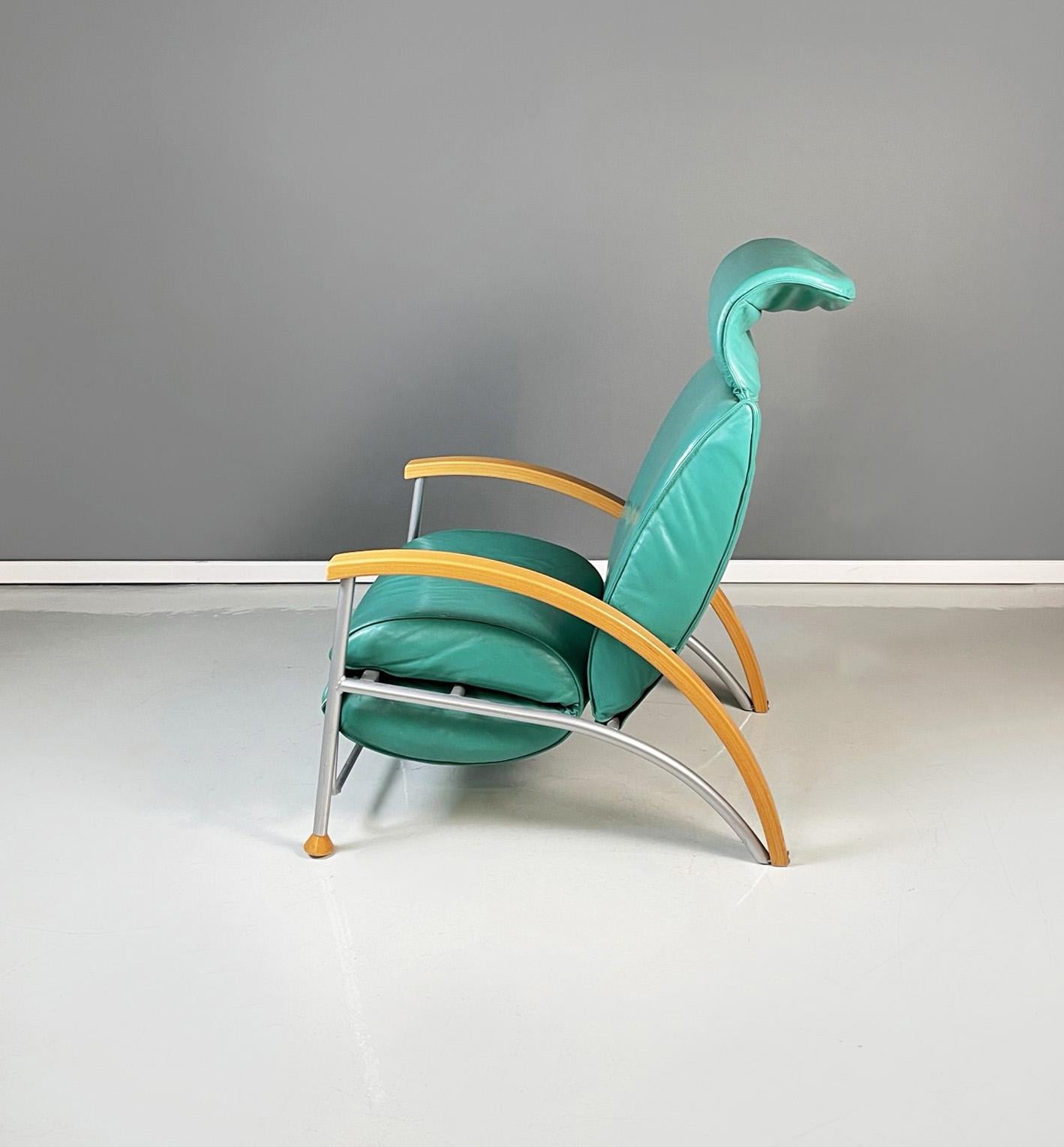 Late 20th Century Italian Modern Armchair in Aqua-Green Leather, Wood and Metal, 1980s For Sale