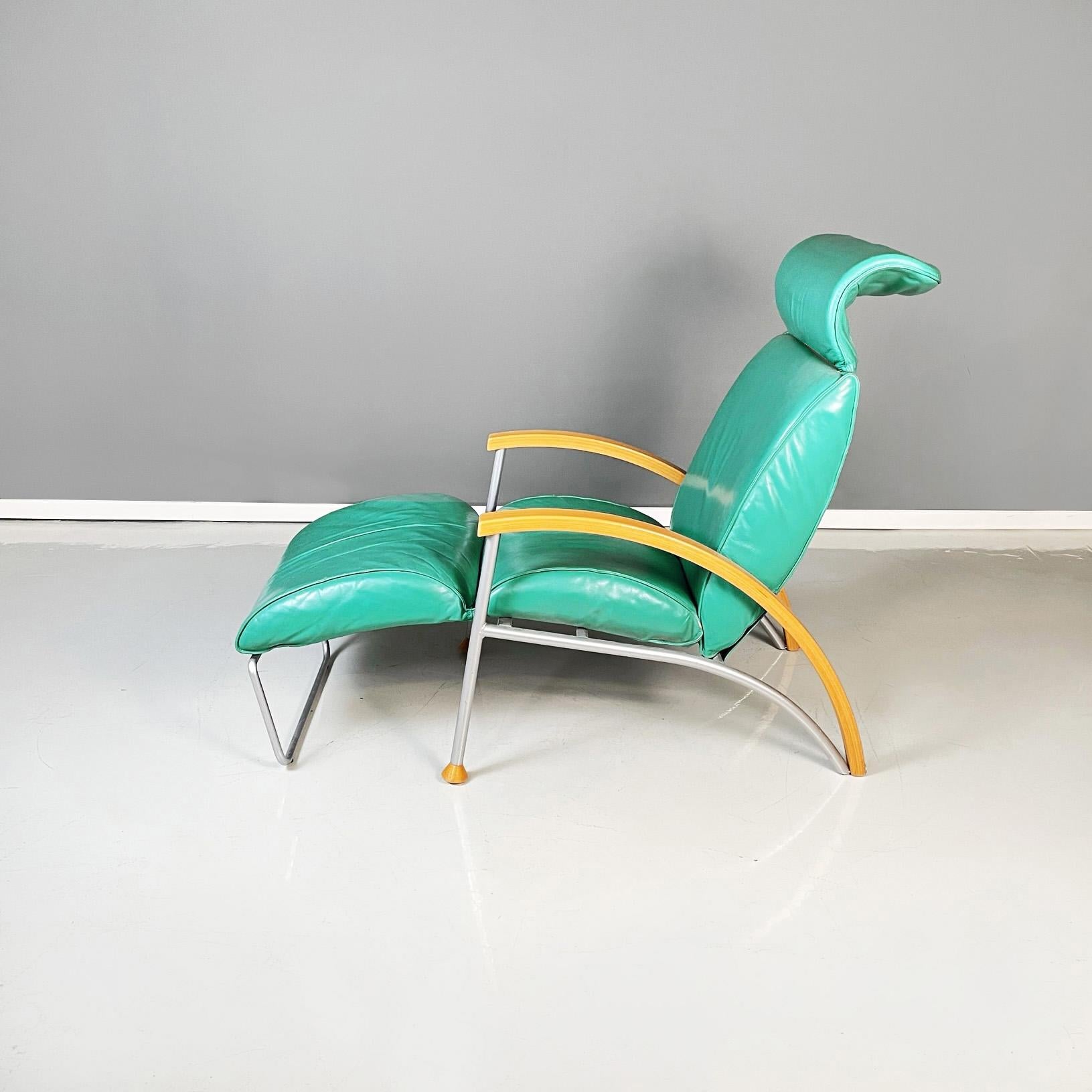 Italian Modern Armchair in Aqua-Green Leather, Wood and Metal, 1980s For Sale 1
