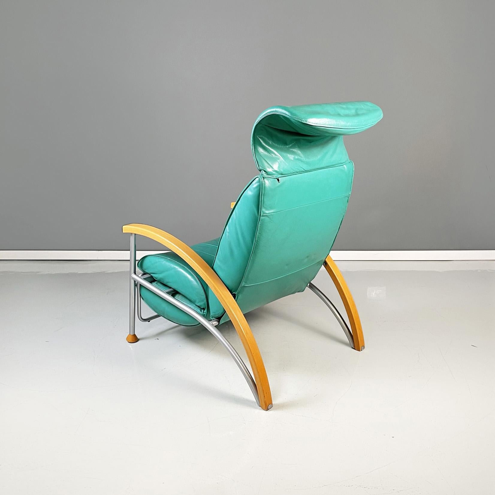 Italian Modern Armchair in Aqua-Green Leather, Wood and Metal, 1980s For Sale 2