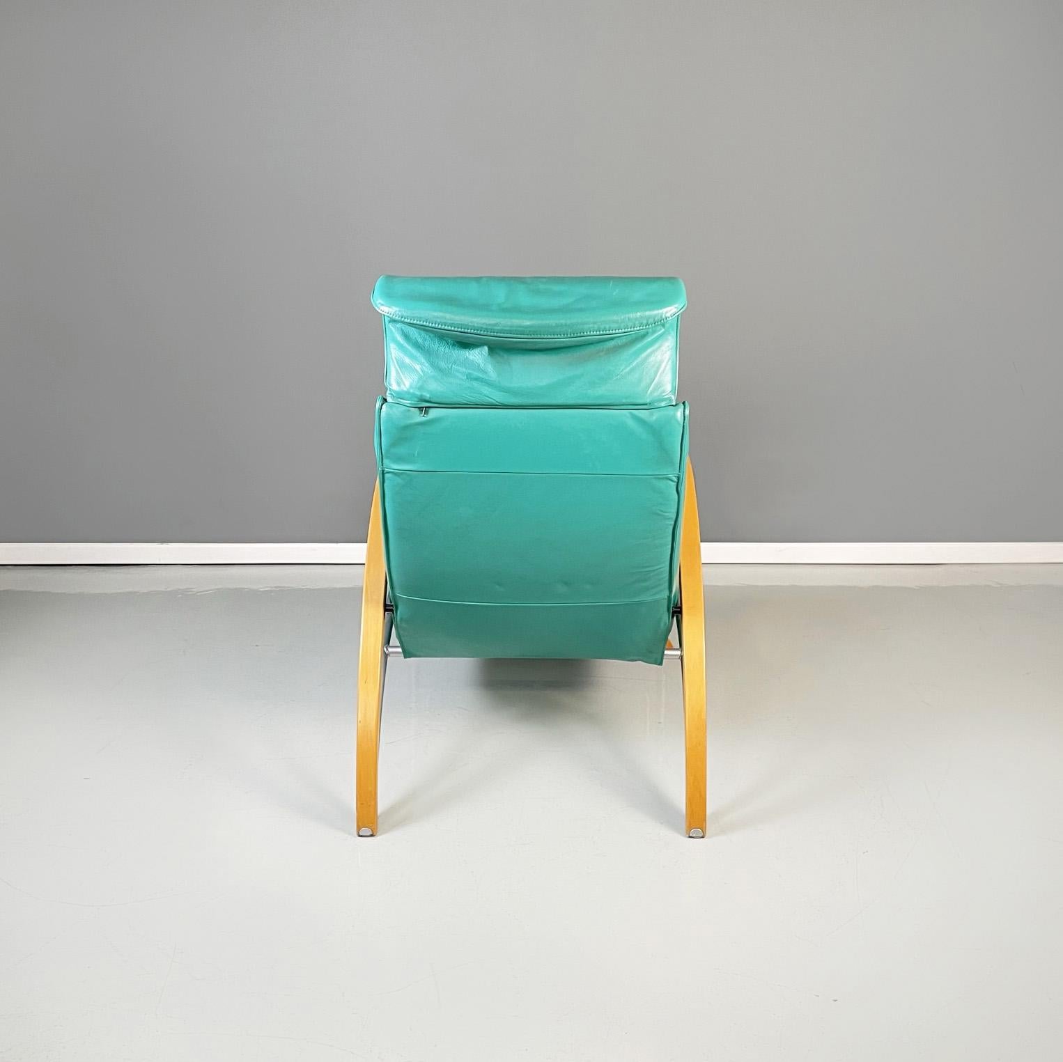Italian Modern Armchair in Aqua-Green Leather, Wood and Metal, 1980s For Sale 3