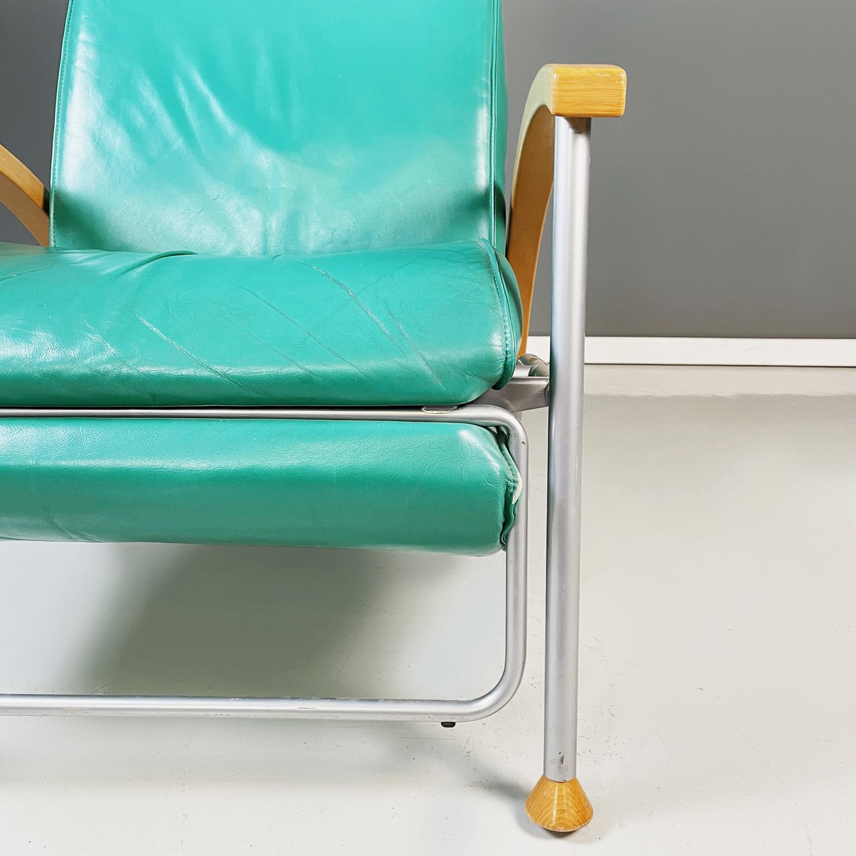 Italian Modern Armchair in Aqua-Green Leather, Wood and Metal, 1980s For Sale 4