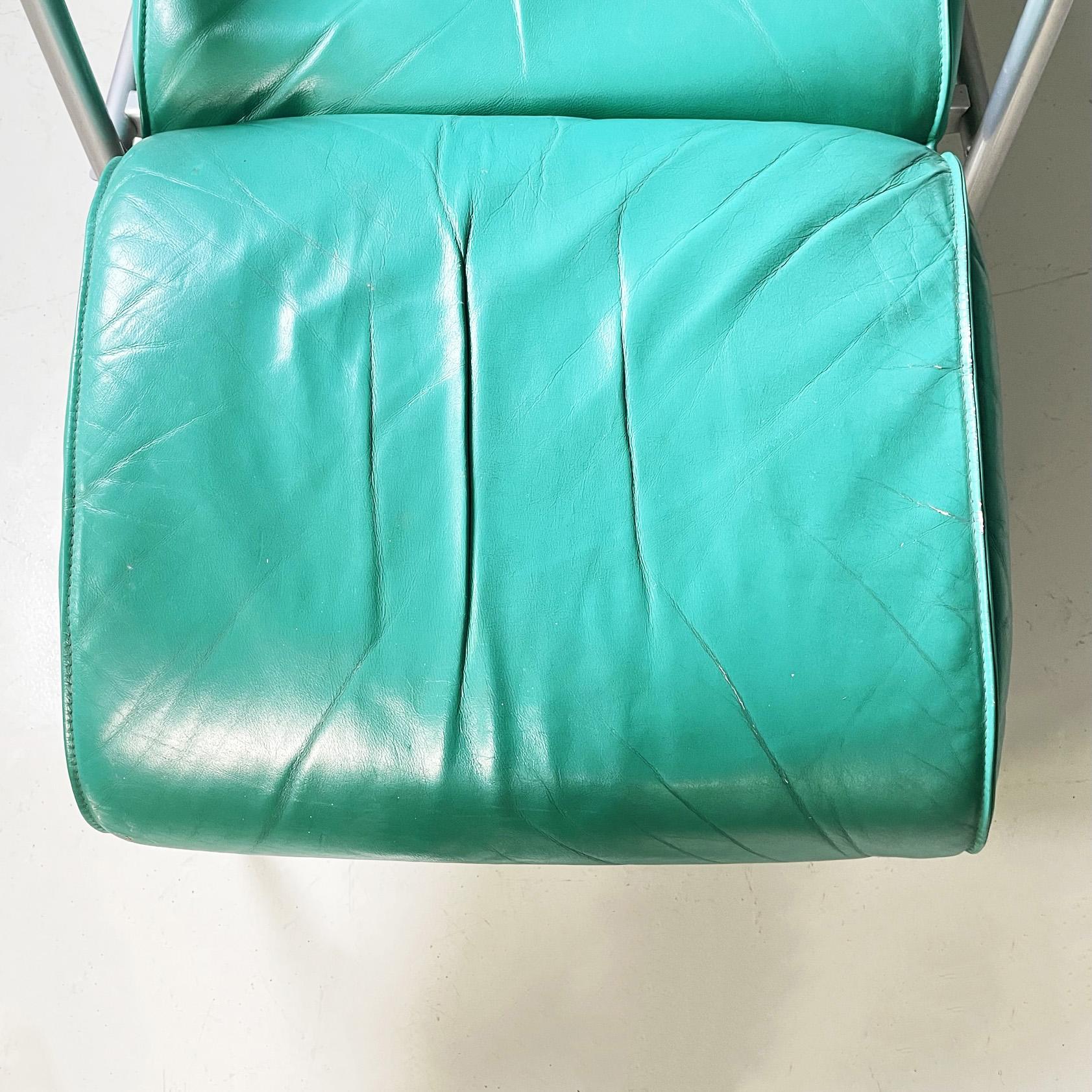Italian Modern Armchair in Aqua-Green Leather, Wood and Metal, 1980s For Sale 5