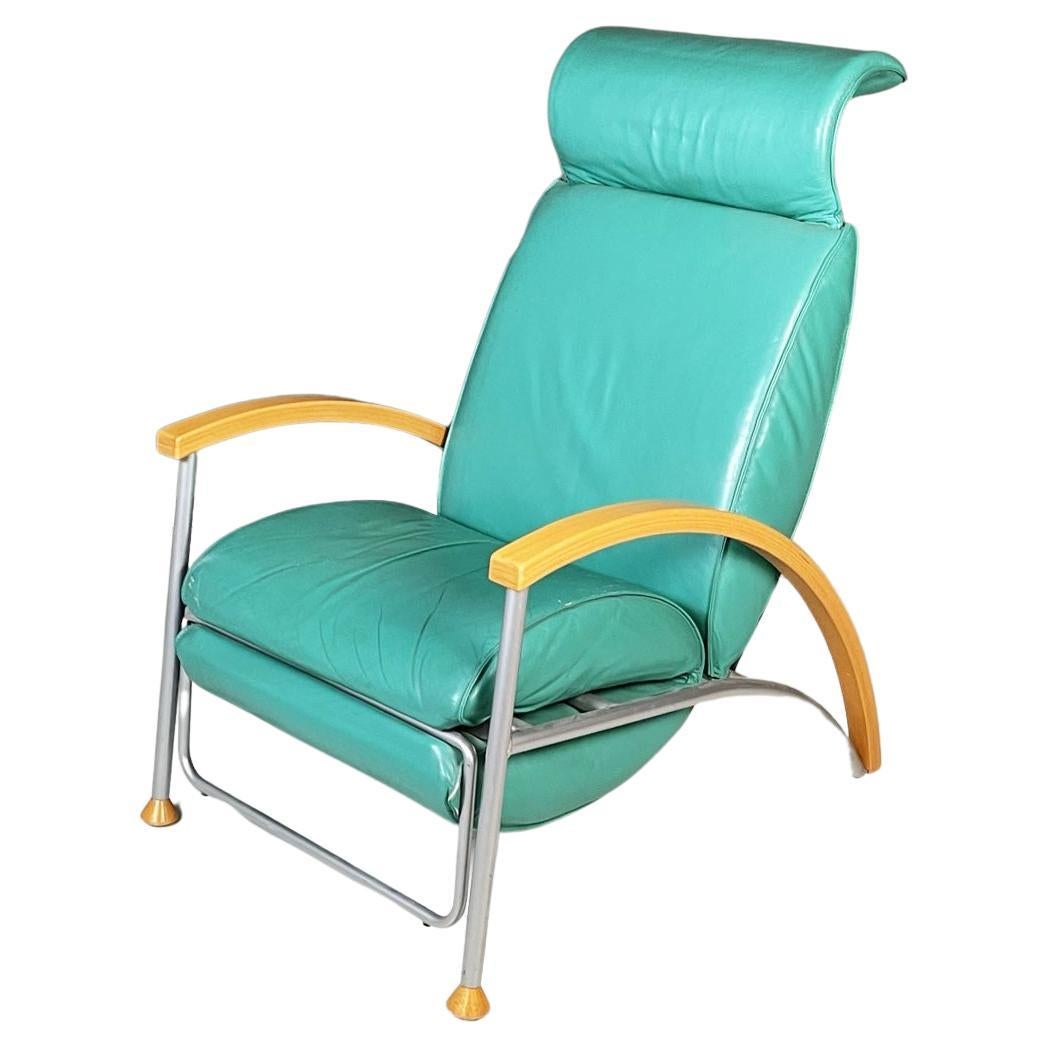 Italian Modern Armchair in Aqua-Green Leather, Wood and Metal, 1980s