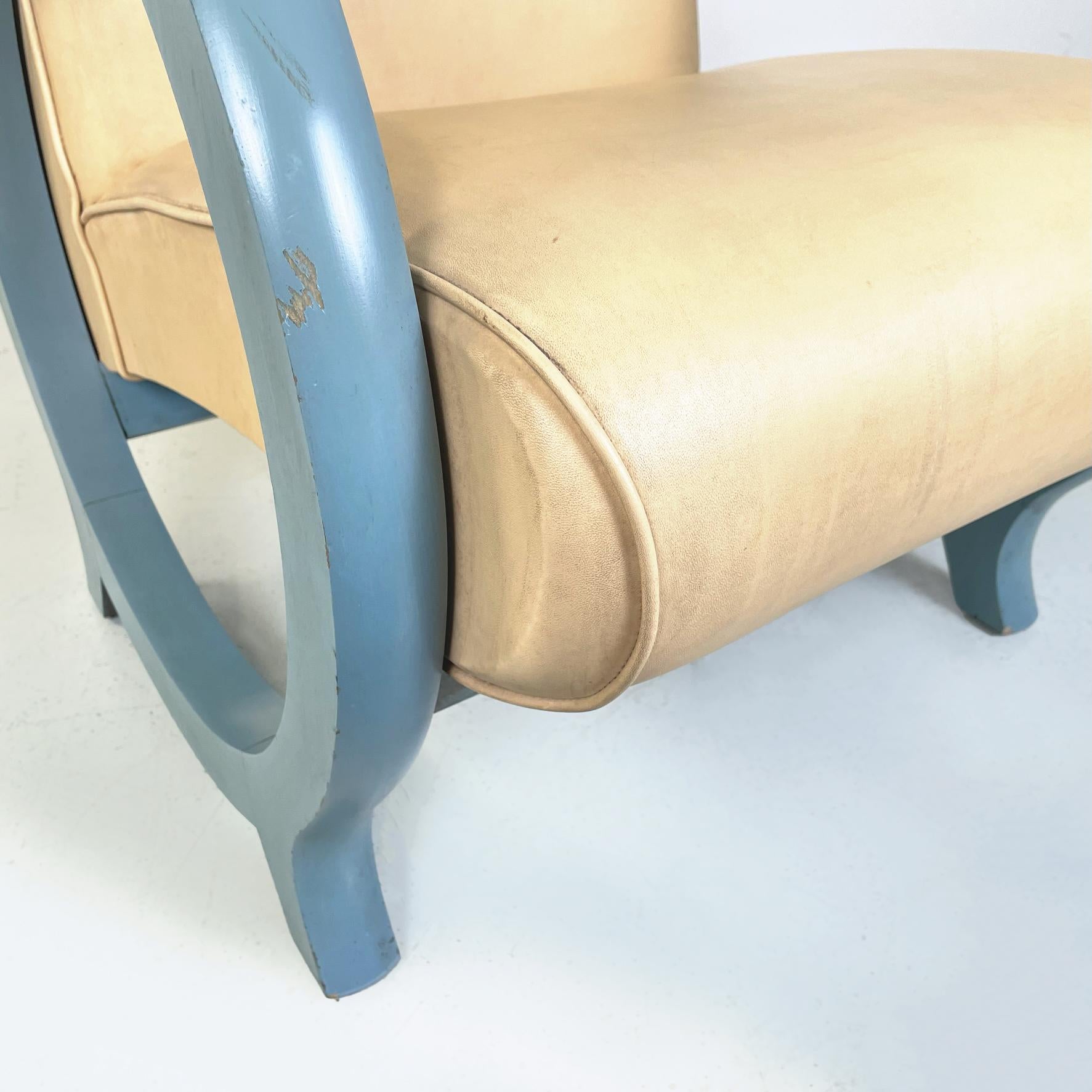 Italian Modern Armchair in Beige Leather and Light Blue Wood, 1980s For Sale 6