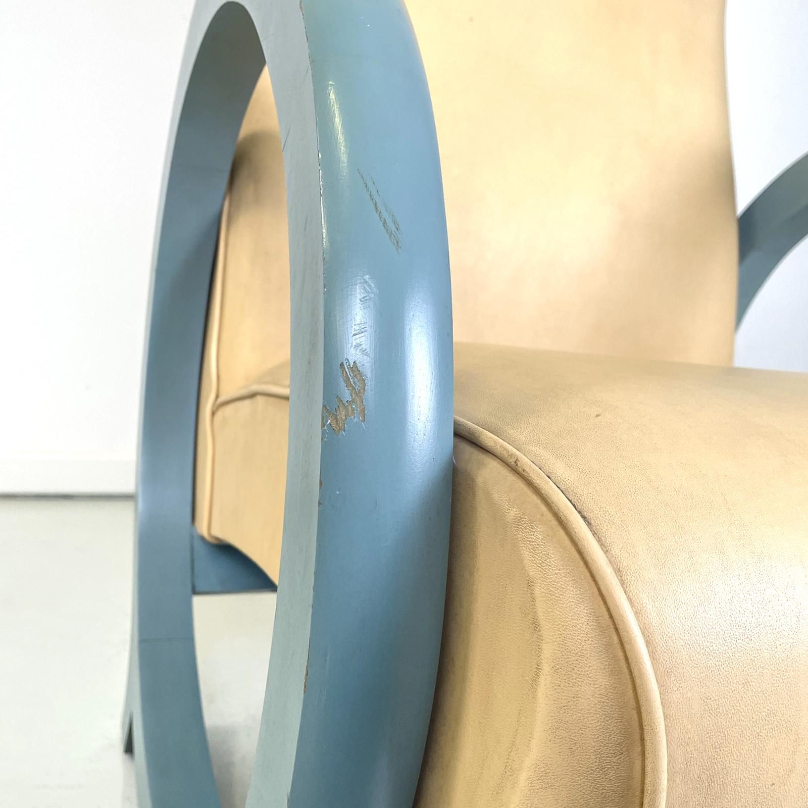 Italian Modern Armchair in Beige Leather and Light Blue Wood, 1980s For Sale 7