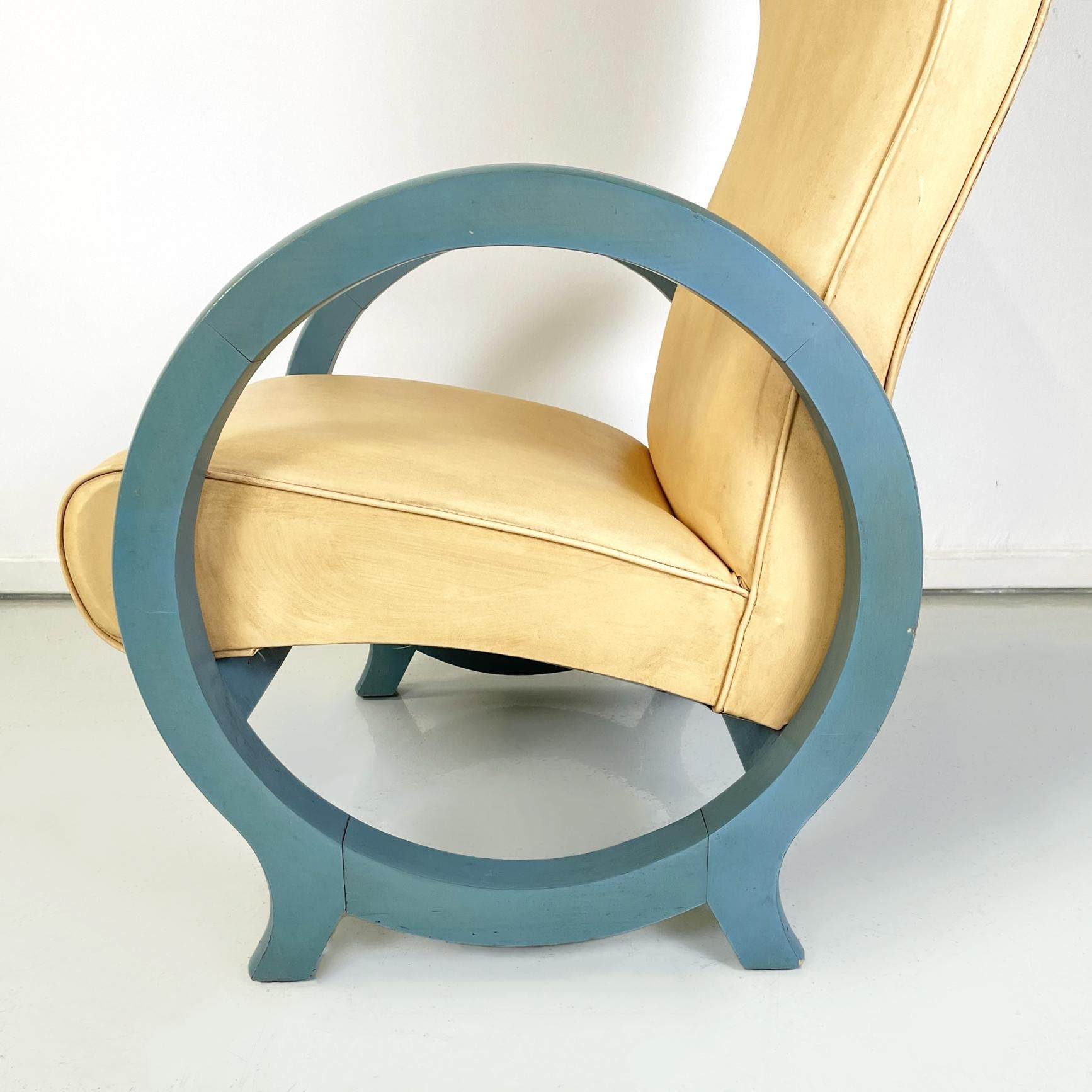 Italian Modern Armchair in Beige Leather and Light Blue Wood, 1980s For Sale 8